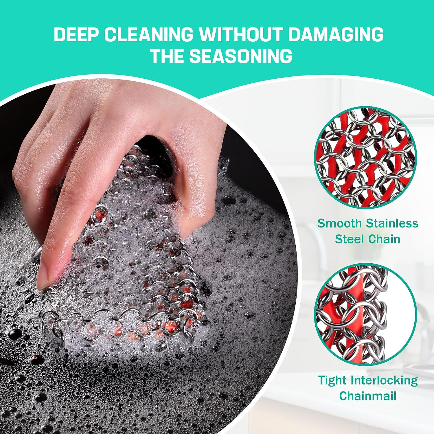 Cast Iron Chainmail Scrubber Stainless Steel Silicone Cleaner for Skillet Pan