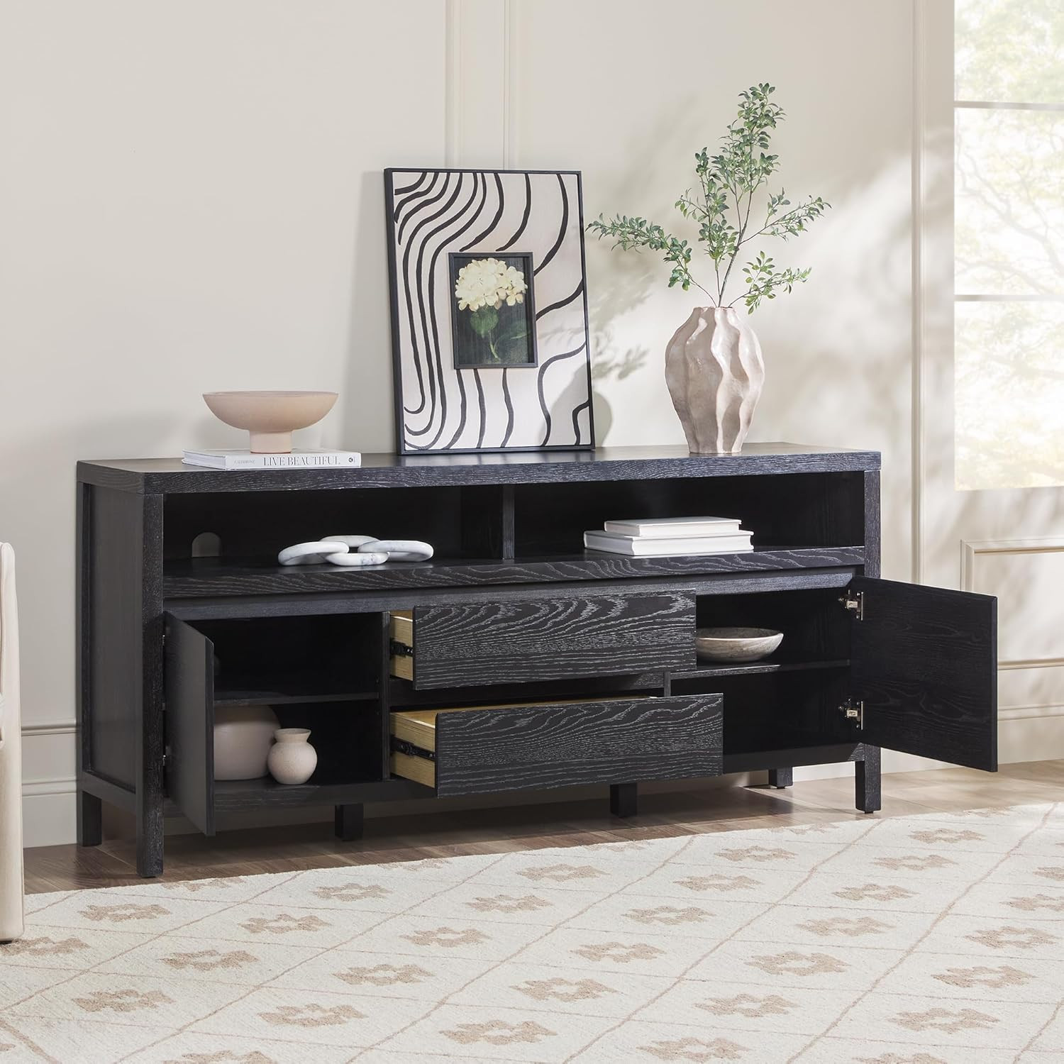 Rustic Solid Oak Wood Sideboard with Storage – 65″ Modern Farmhouse Design