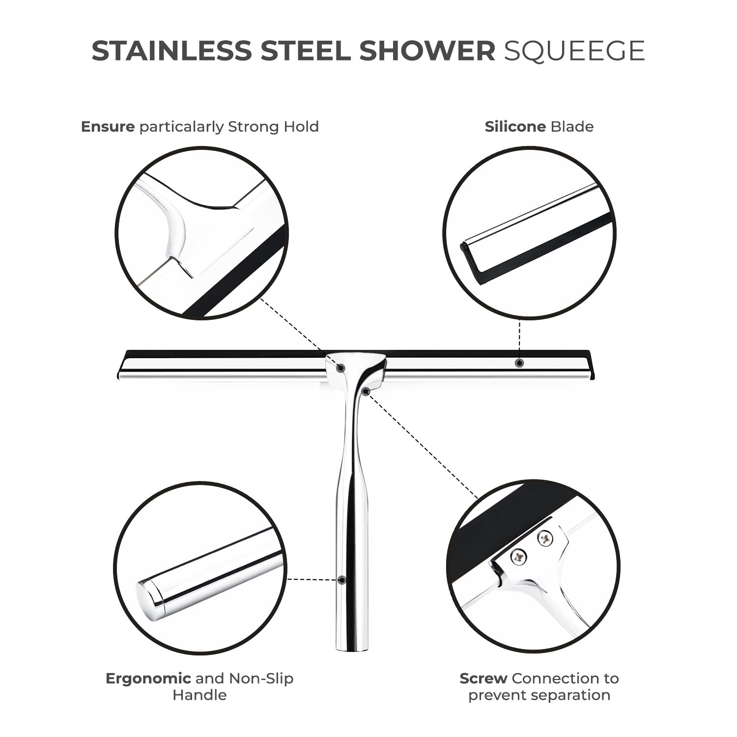 Squeegee for Shower Glass Door 10″ Silicone Blade Stainless Steel Chrome Handle