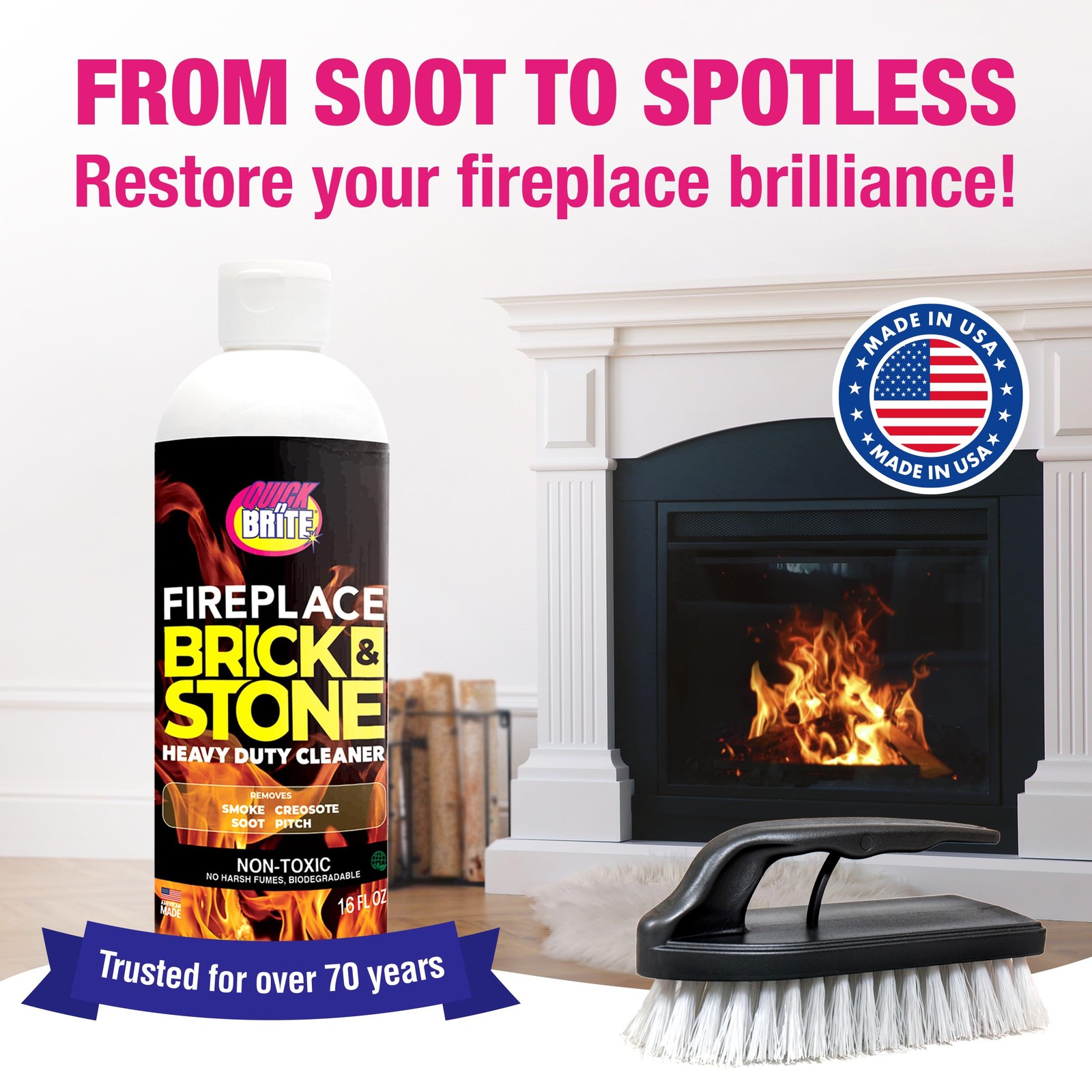 Quick N Brite Fireplace Cleaner with Scrub Brush for Brick, Stone, Rock, Tile…