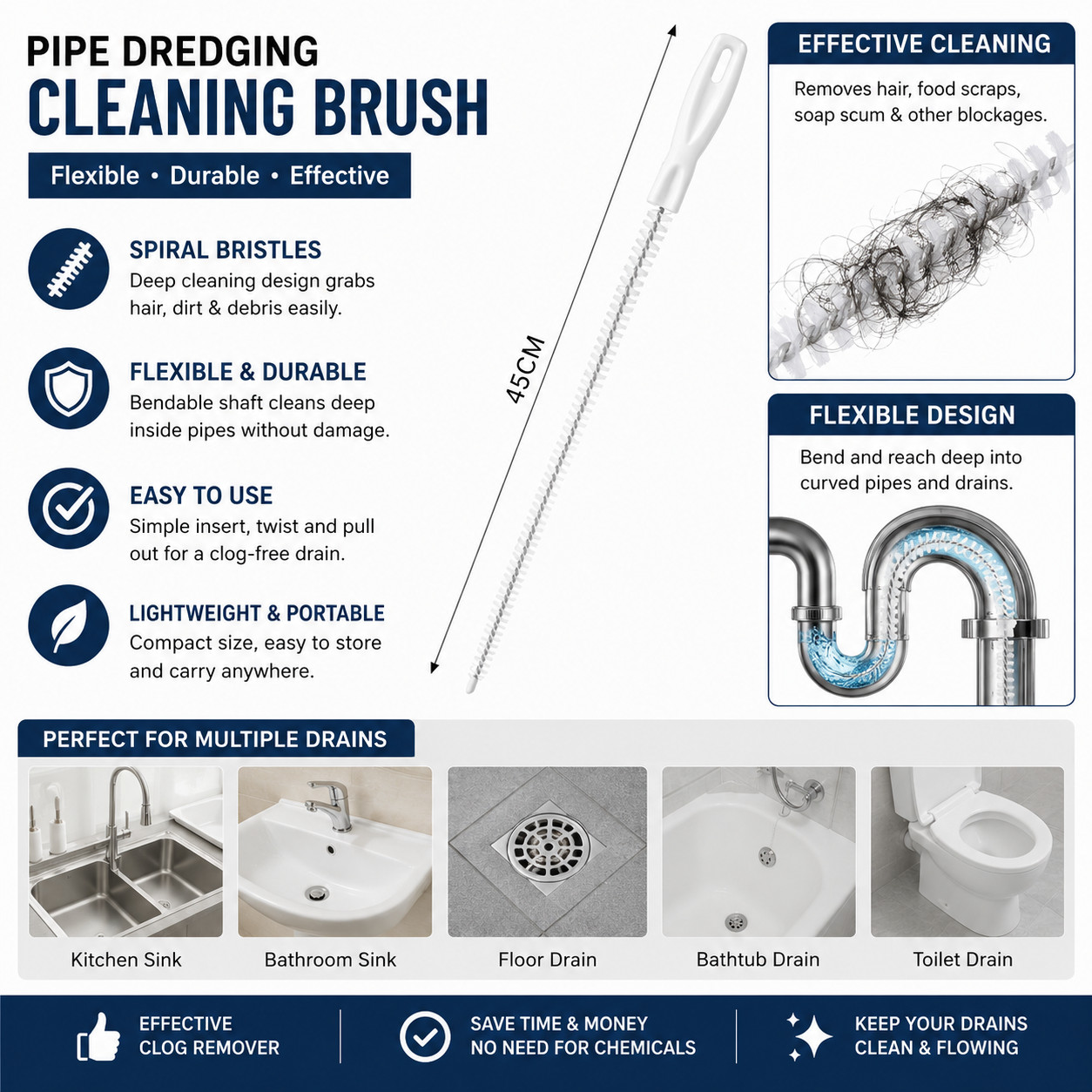 Flexible Drain Cleaner Brush Sink Sewer Hair Clog Remover Bathroom Tool