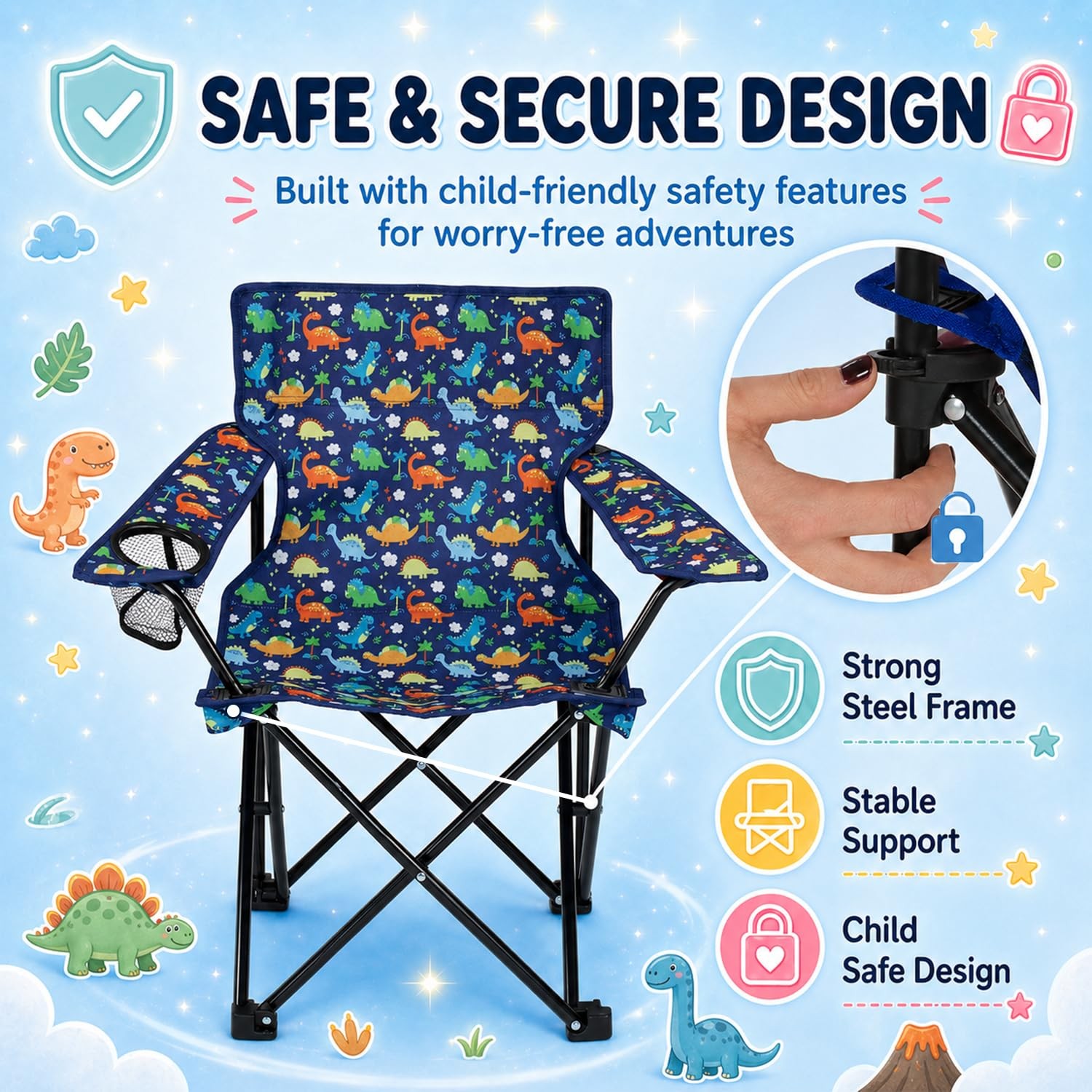 Playful Dinosaurs Kids Folding Camp Chair – Lightweight Portable Toddler Beac…