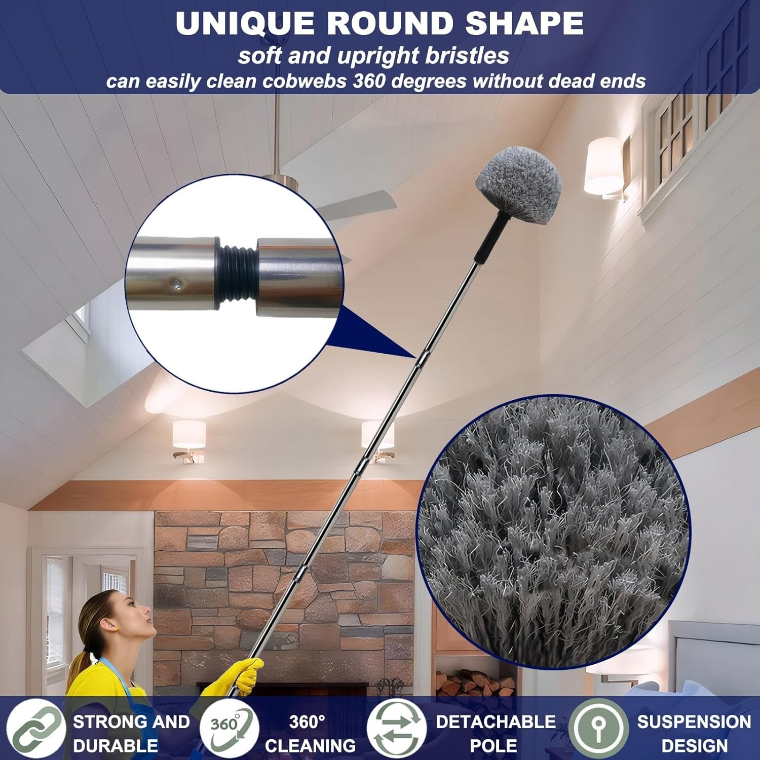 20Ft High Reach Cobweb Duster with Extension Pole Spider Web Brush Grey