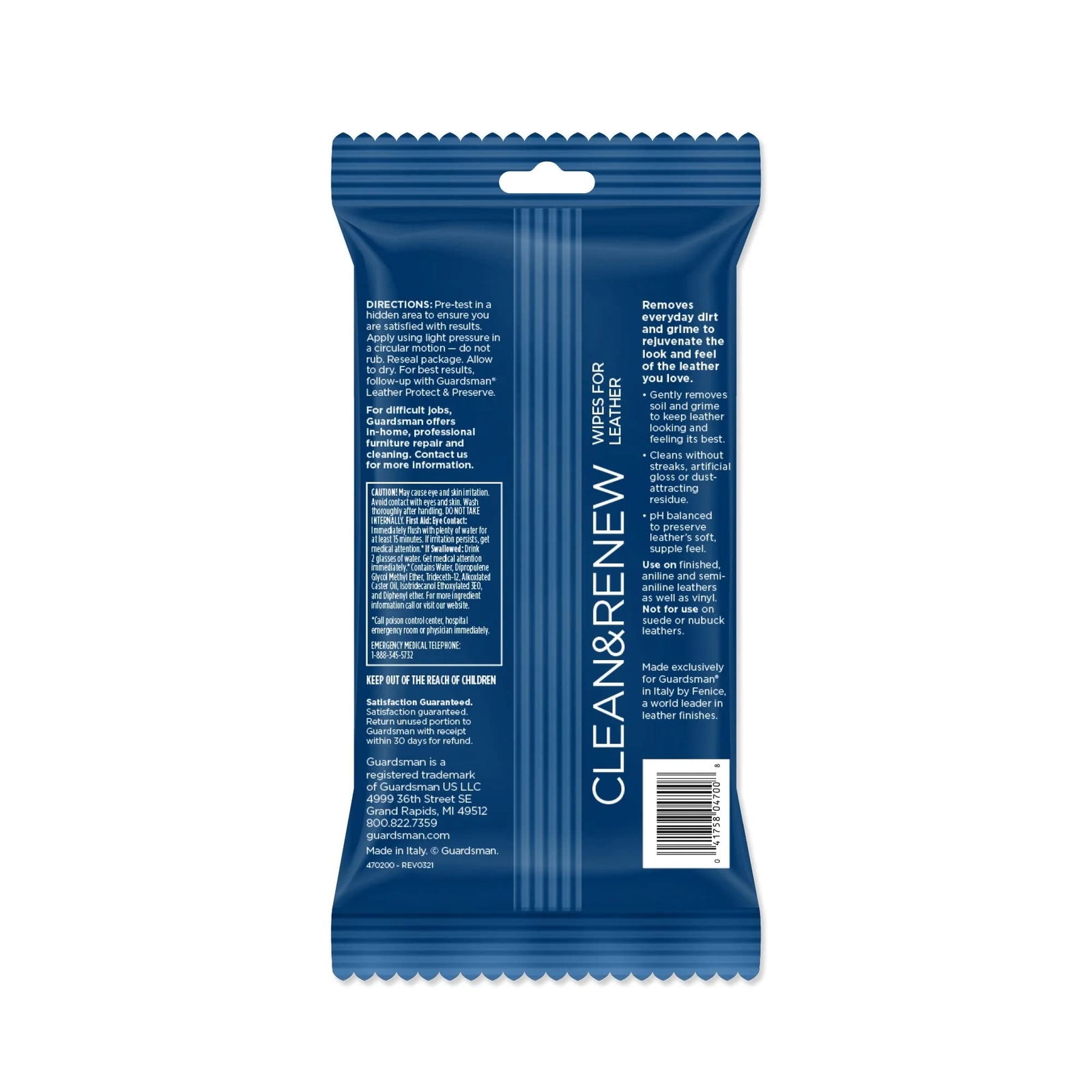 Guardsman Clean and Renew Leather Cleaning Wipes 20 Count pH Balanced Care