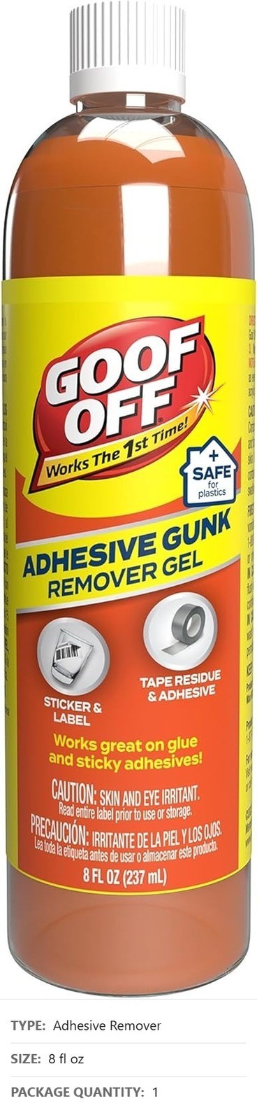 Adhesive Gunk Remover, 8 Fl Oz, Hard Surfaces, Metal Glass Brick Wood Concrete