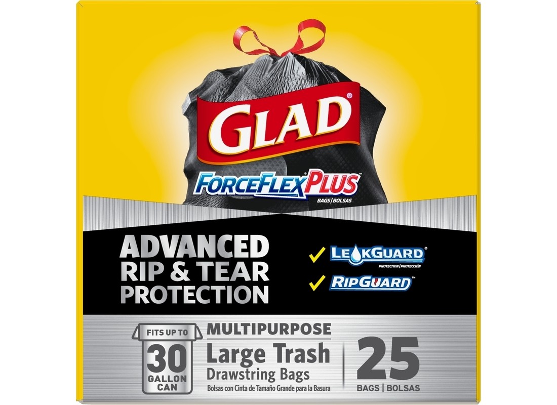 GLAD 70359 Trash Bags ForceFlex Plus 30 gal Drawstring 25 pk 0.9 mil Black