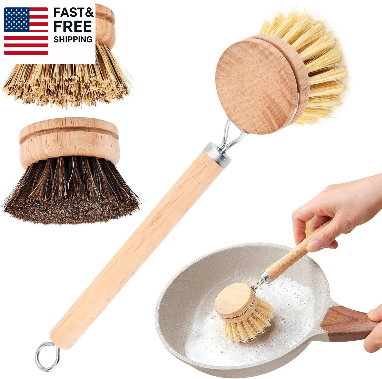 Bamboo Dish Brush Set, 1 Wooden Handle with 3 Natural Bristle Heads All Purpos
