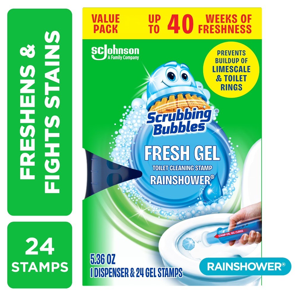 Bubbles Fresh Gel Toilet Cleaning Stamp, Rain shower, Dispenser with 4 Refills