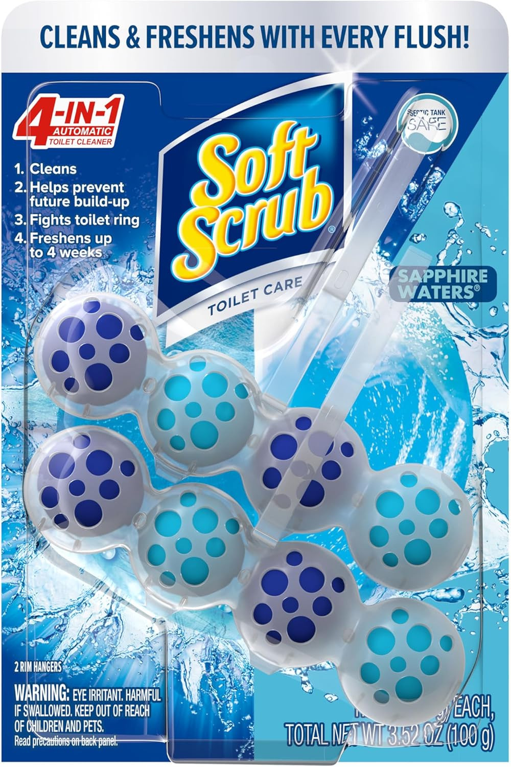 4-In-1 Rim Hanger Toilet Bowl Cleaner, Sapphire Waters, 2 Count