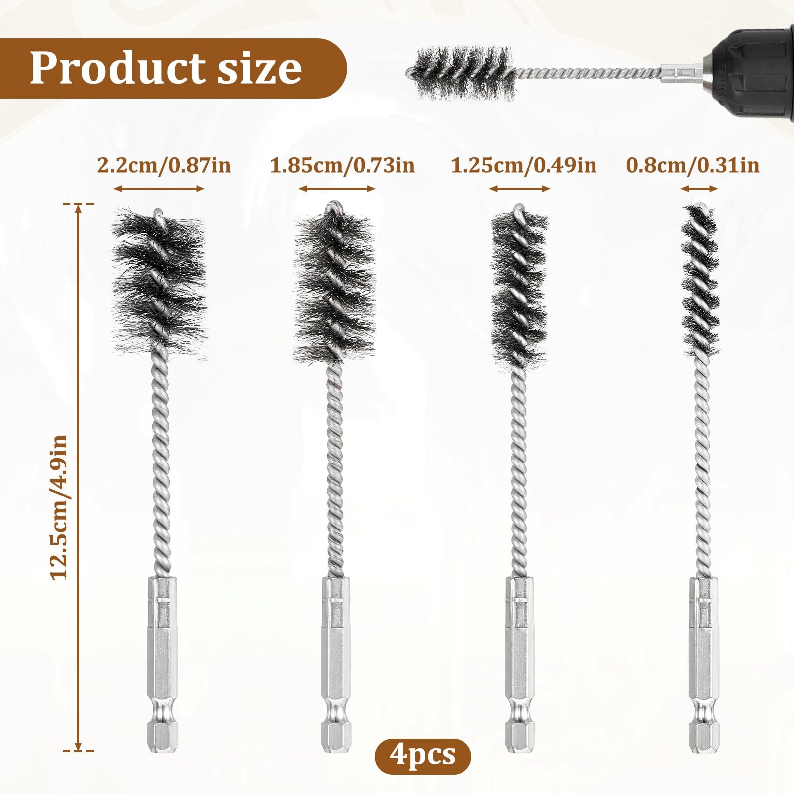4 Pcs Stainless Steel Wire Brushes for Drill Stainless Steel Bore Brush Set 3/8′