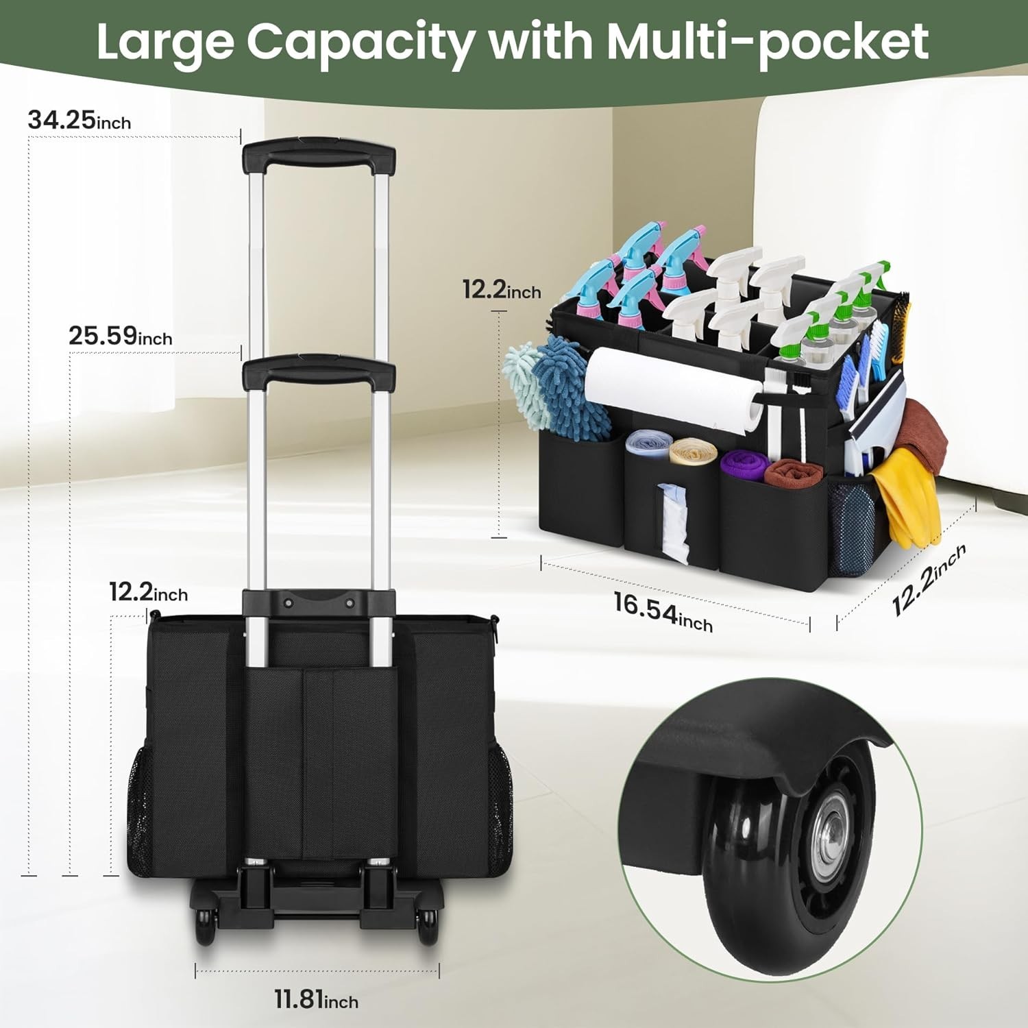 Luxurious Rolling Cleaning Caddy with Detachable Trolley & Water-Resistant Nylon