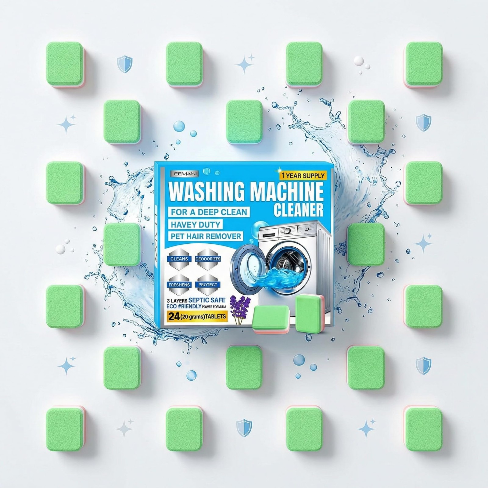Washing Machine Cleaner Tablets 24 Pack – Deep Cleaning for HE Front & Top Lo…