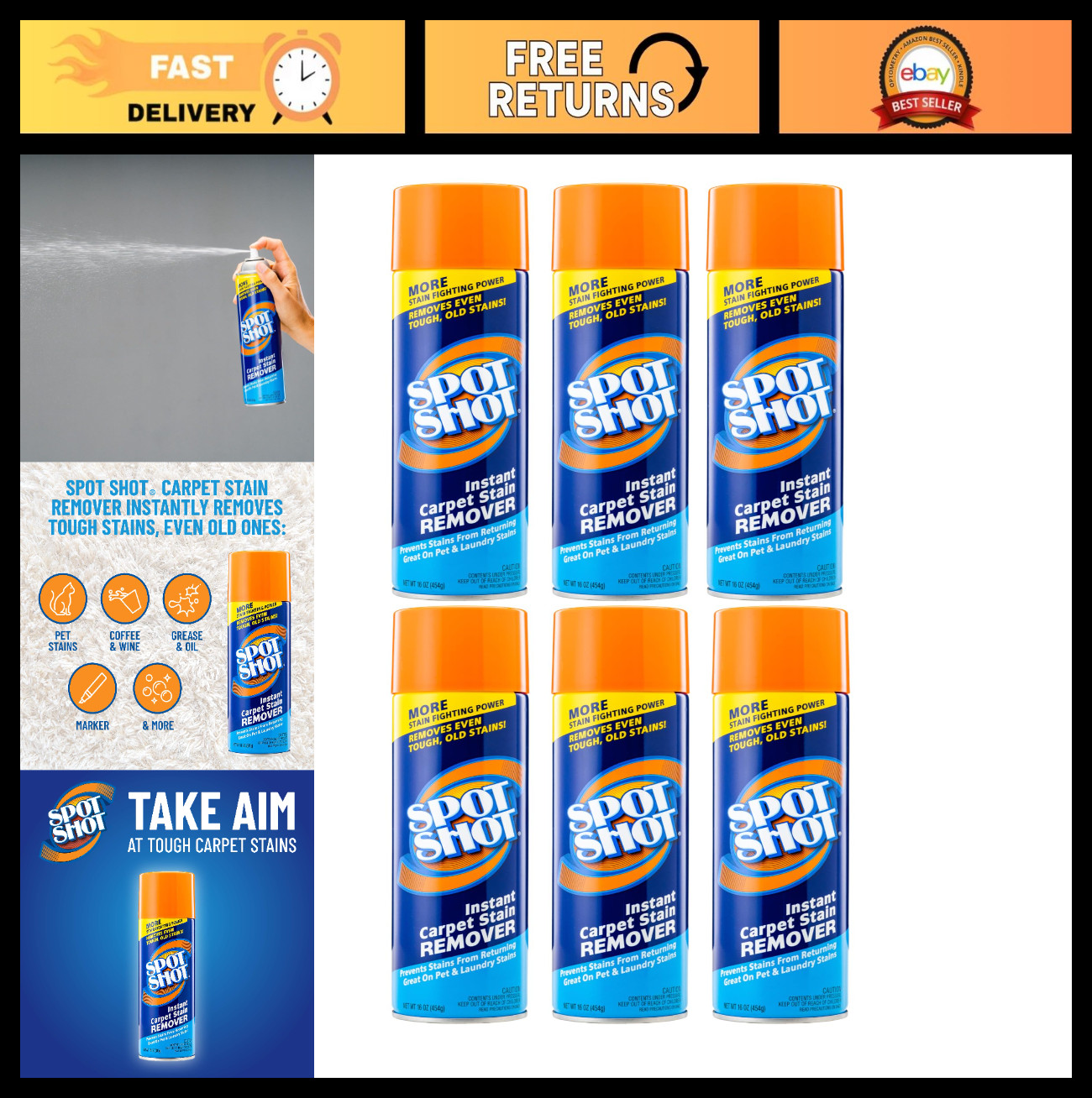 Instant Carpet Stain Remover 16 OZ – 6-Pack, Powerful Spot Cleaner for Tough Sta