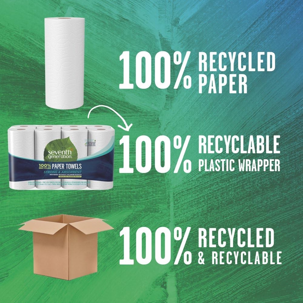 Seventh Generation 100% Recycled Paper Towels, 2-ply, 8 Count, Pack of 4