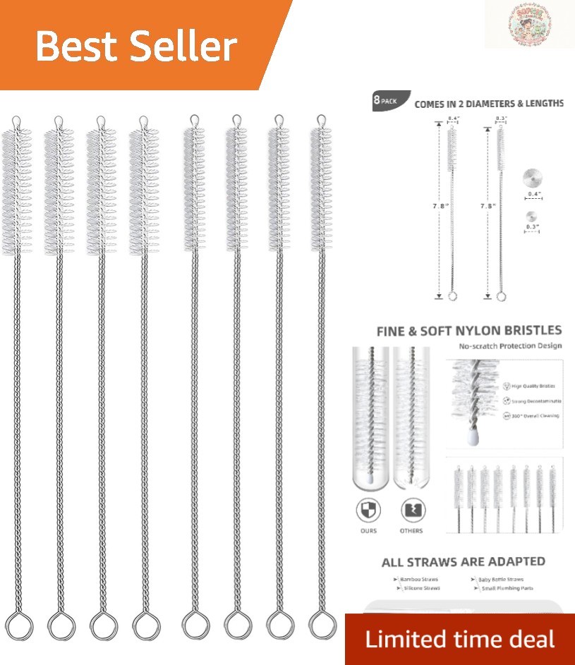 Flexible Nylon Bristle Brush Set for Straws, Pipes & Hummingbird Feeders – 8 pcs