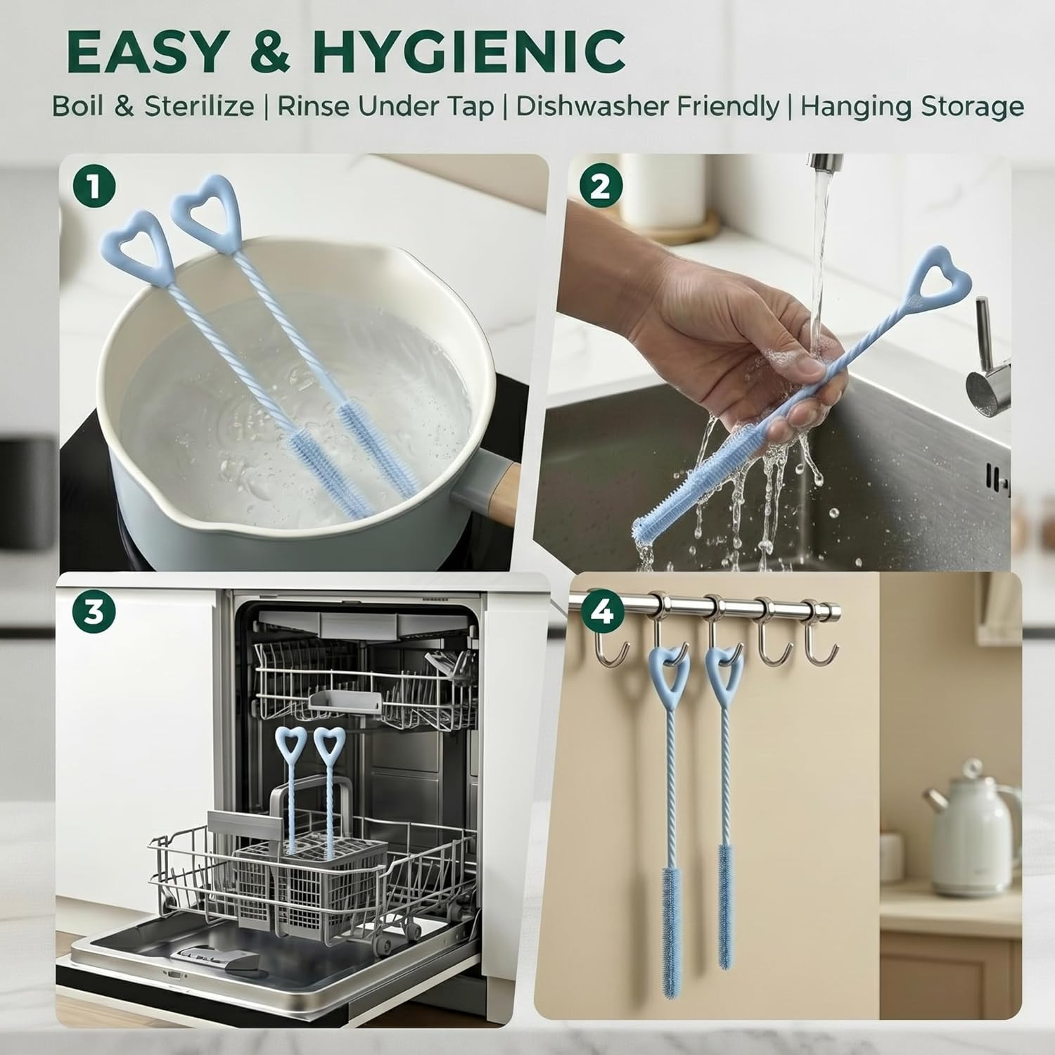 Silicone Straw Cleaner Brush, 4-Pcs Reusable Extra-Long Brush for Cleaning Metal
