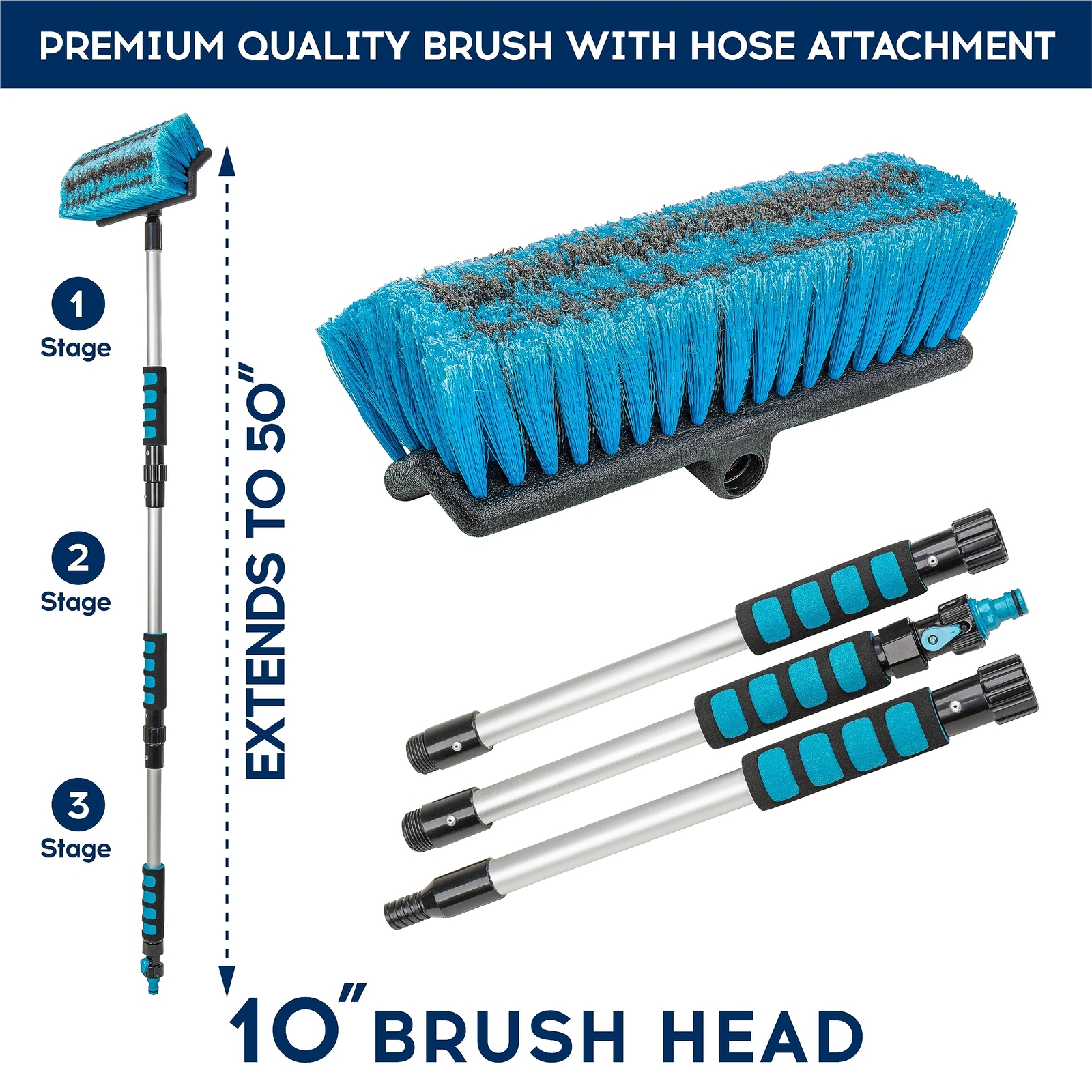 Car Wash Brush With 50” Long Handle Car Cleaning Brush With Hose Attachment Car