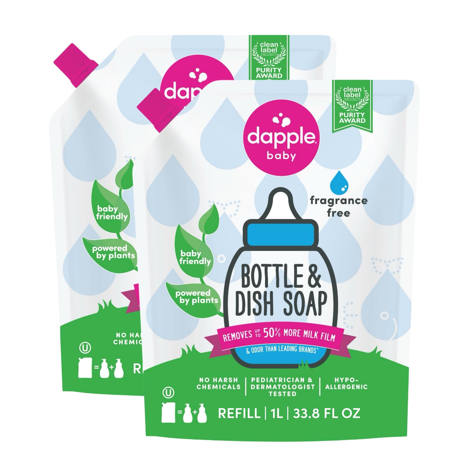 Dapple Baby Fragrance-Free Bottle & Dish 34 Fl Oz (Pack of 2), Fragrance Free