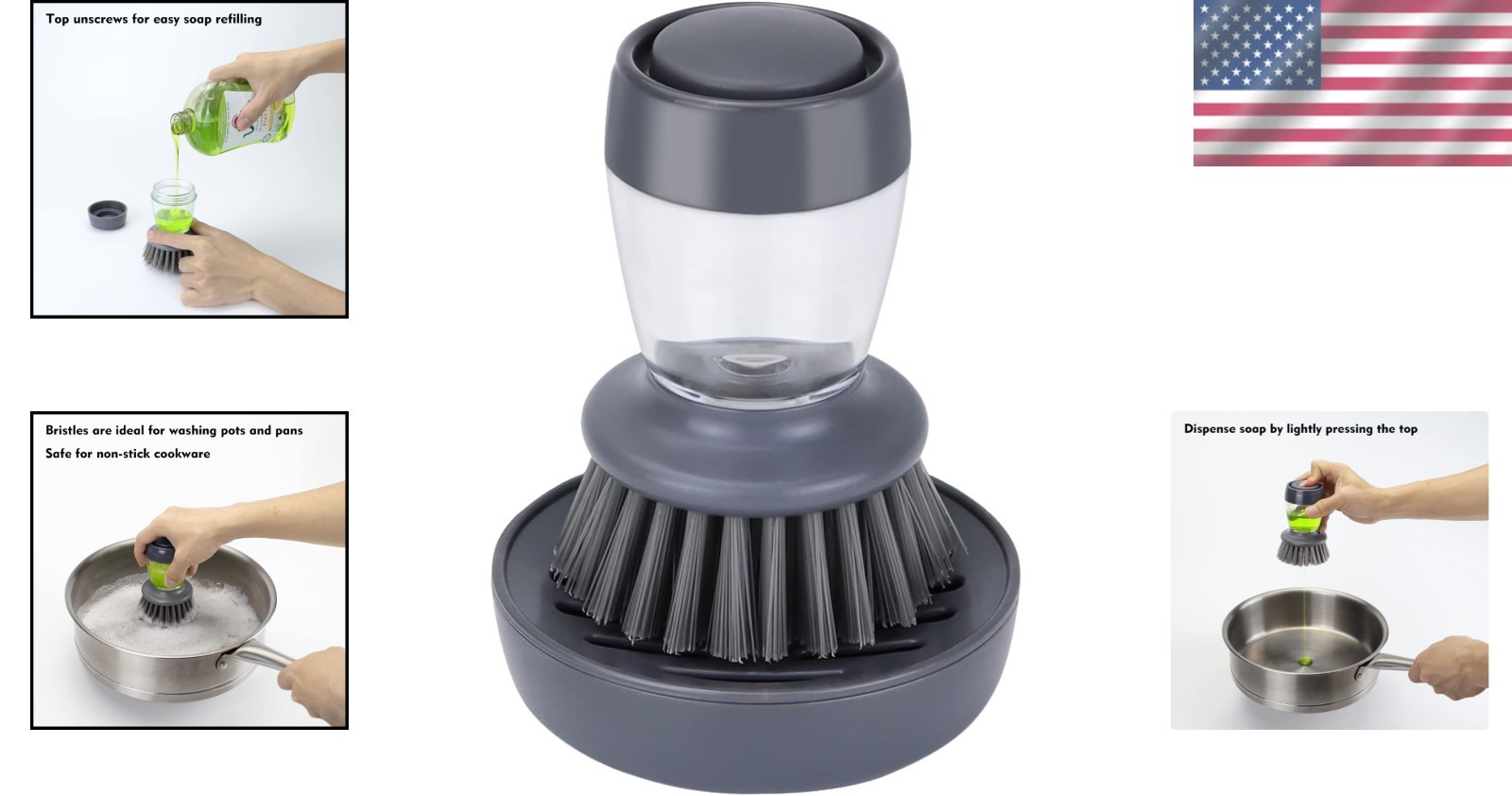 Dish Brush with Soap Dispenser, Kitchen Scrub Brush for Dishes Pots Pans Sink…