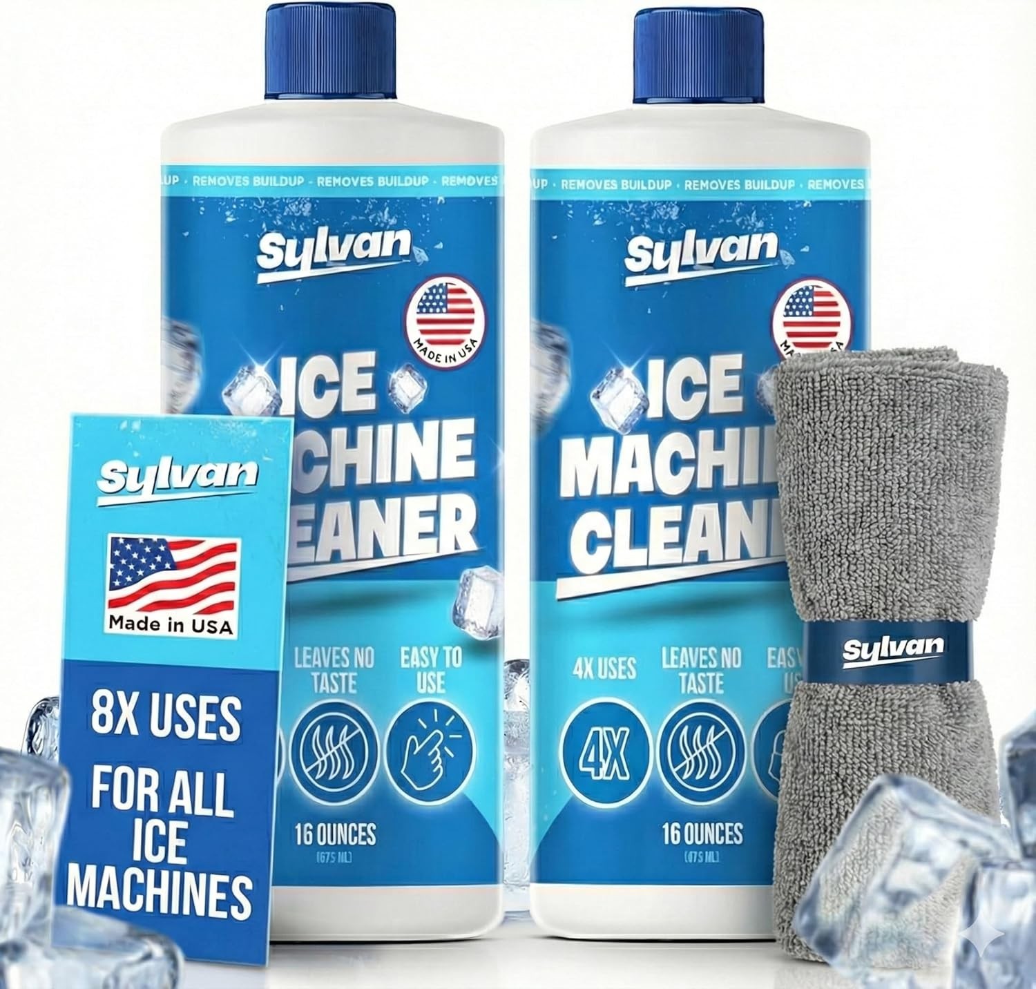 Sylvan Ice Machine Cleaner and Descaler | 32 Oz (8 Uses) | Free Cloth