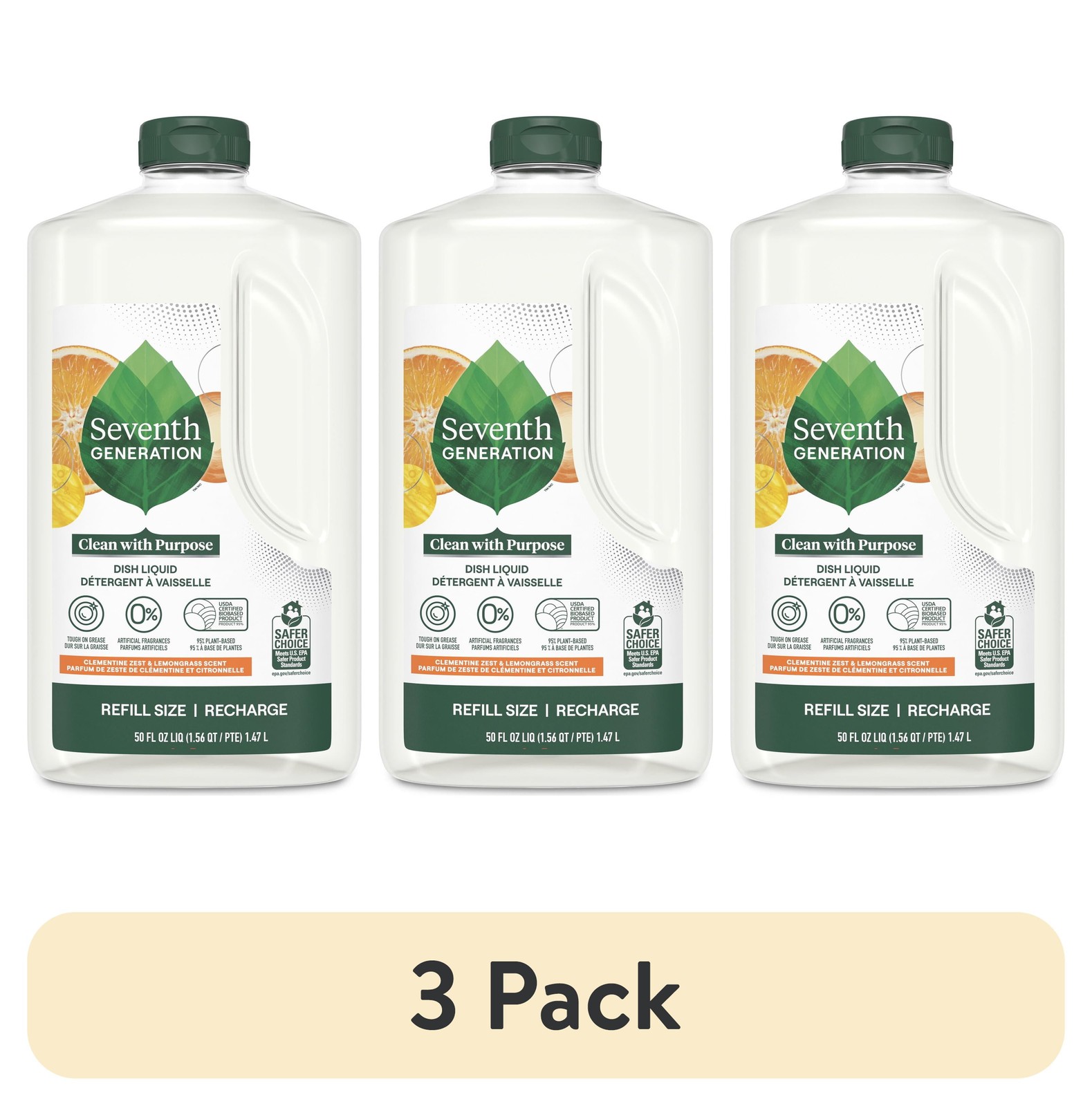 3 pk)Dish Soap Refill Dishwashing Liquid Soap, Clementine Zest Lemongrass, 50 oz