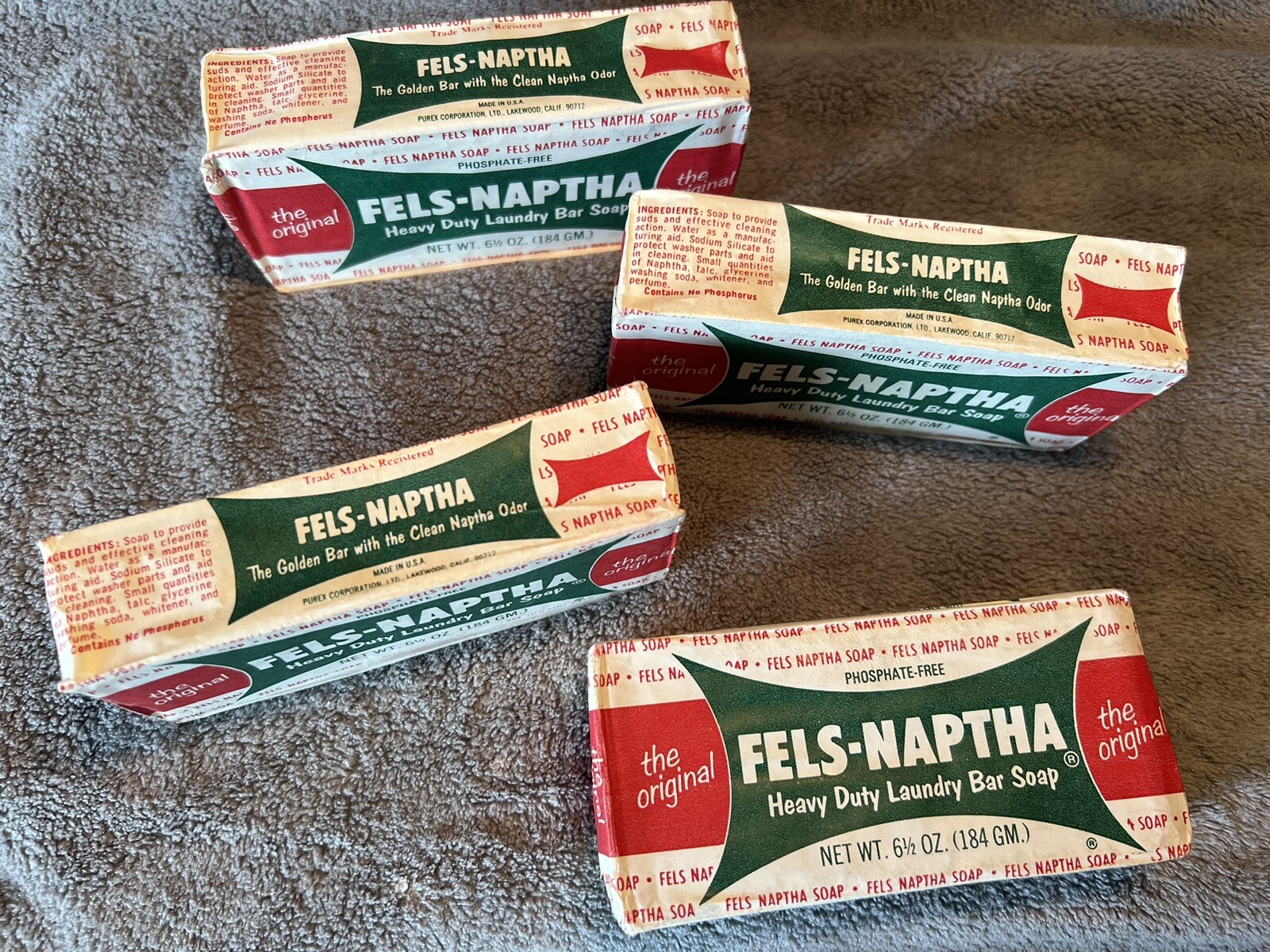 Vintage Fels Naptha Laundry Cleaning Bar LOT 4 / 6.5 Oz Ea / Paper Wrapper / NOS