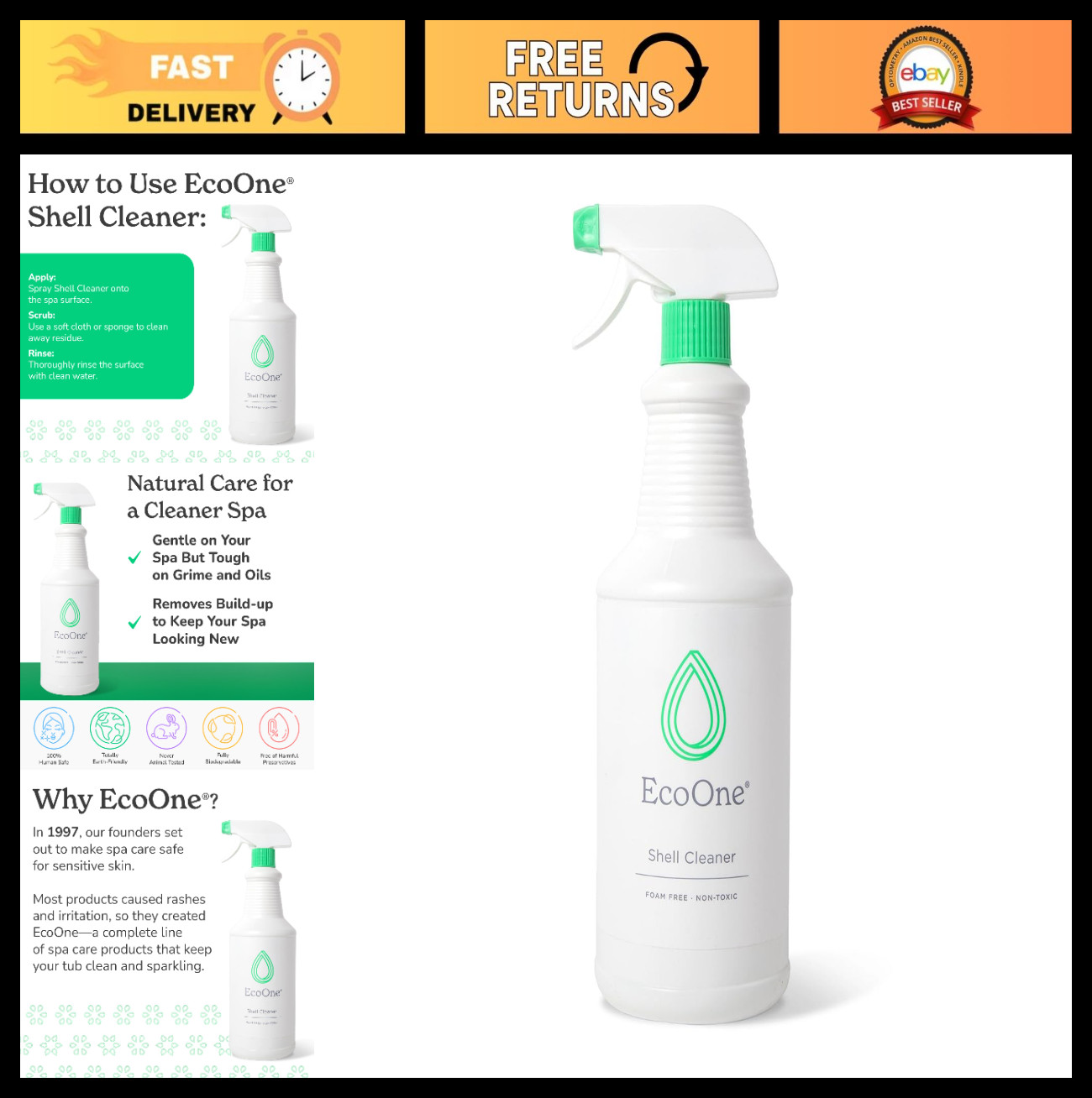 All-Natural Spa & Hot Tub Shell Cleaner | Foam-Free, Fragrance-Free, 32 Oz | Rem