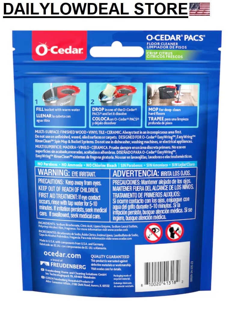 O-Cedar Crisp Citrus PACS Hard Floor Cleaner for Mop Buckets – 10 Count