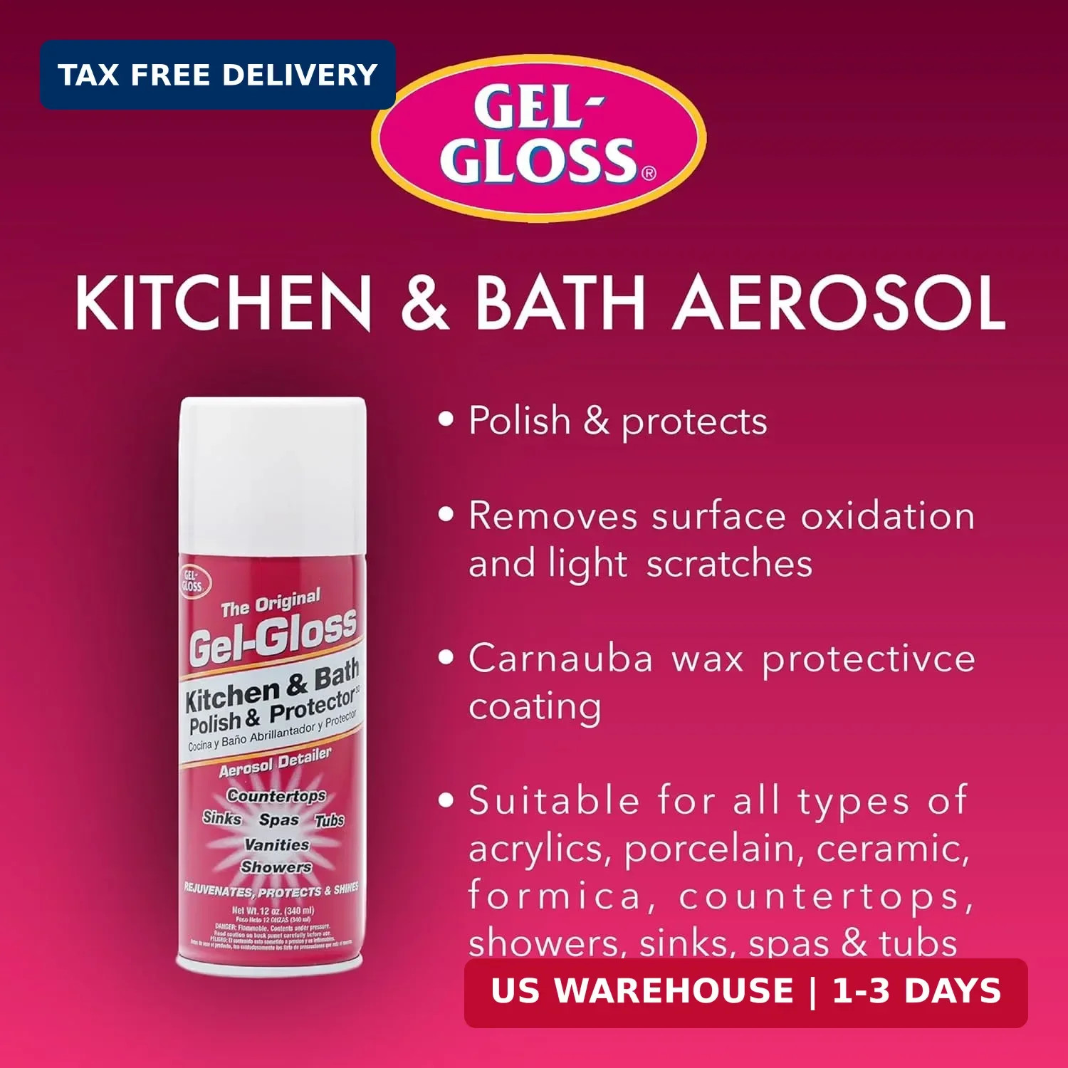 Gel Gloss Cleaner 12 Ounce Aerosol Safe for Acrylics Stainless Steel and More