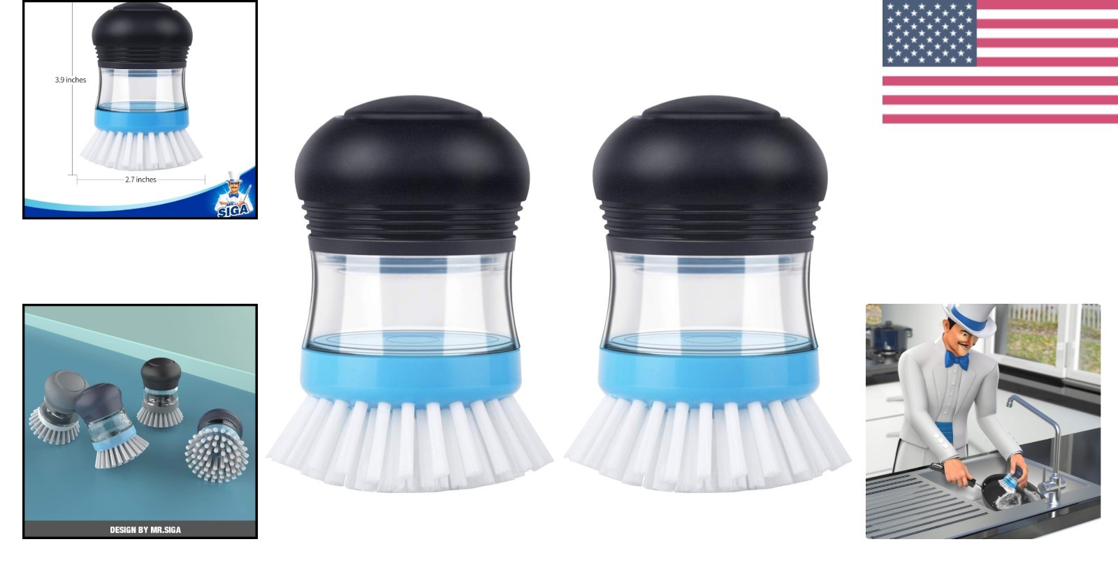 Effortless Kitchen Cleaning: Dual Soap Dispensing Palm Brushes in Navy/Blue