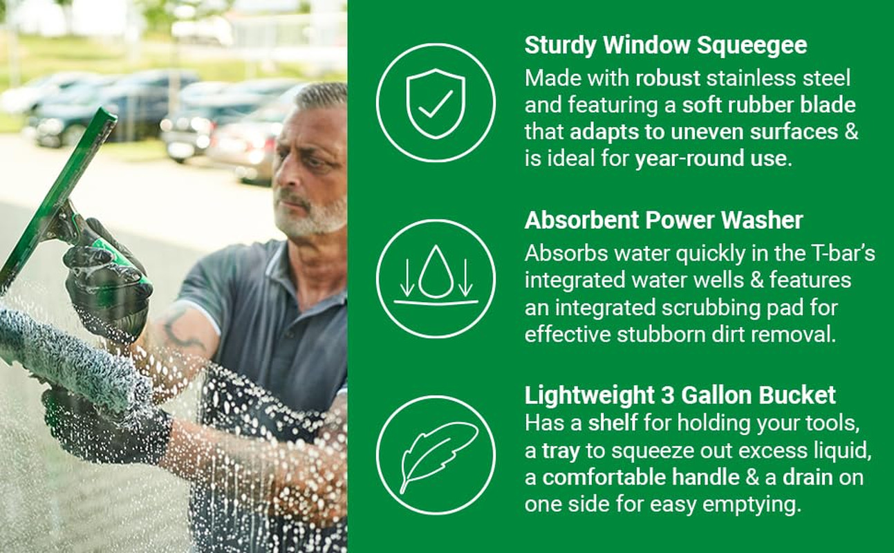 Unger Commercial Window Cleaning Kit – 3-In-1 Starter Set with 14″ Squeegee, Mic