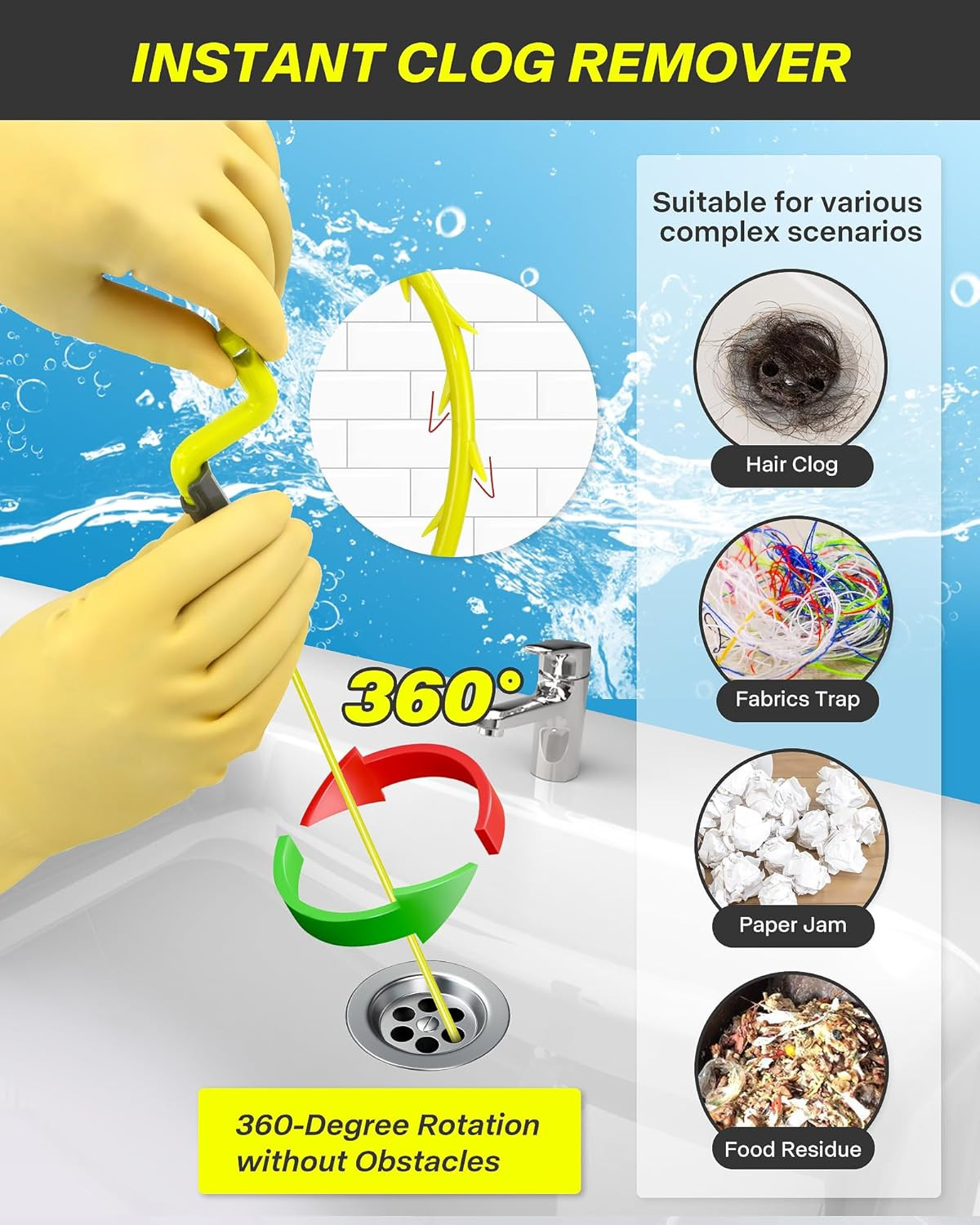 35Inch Drain Clog Remover, Drain Cleaner Hair Clog Remover with Rotating Handle