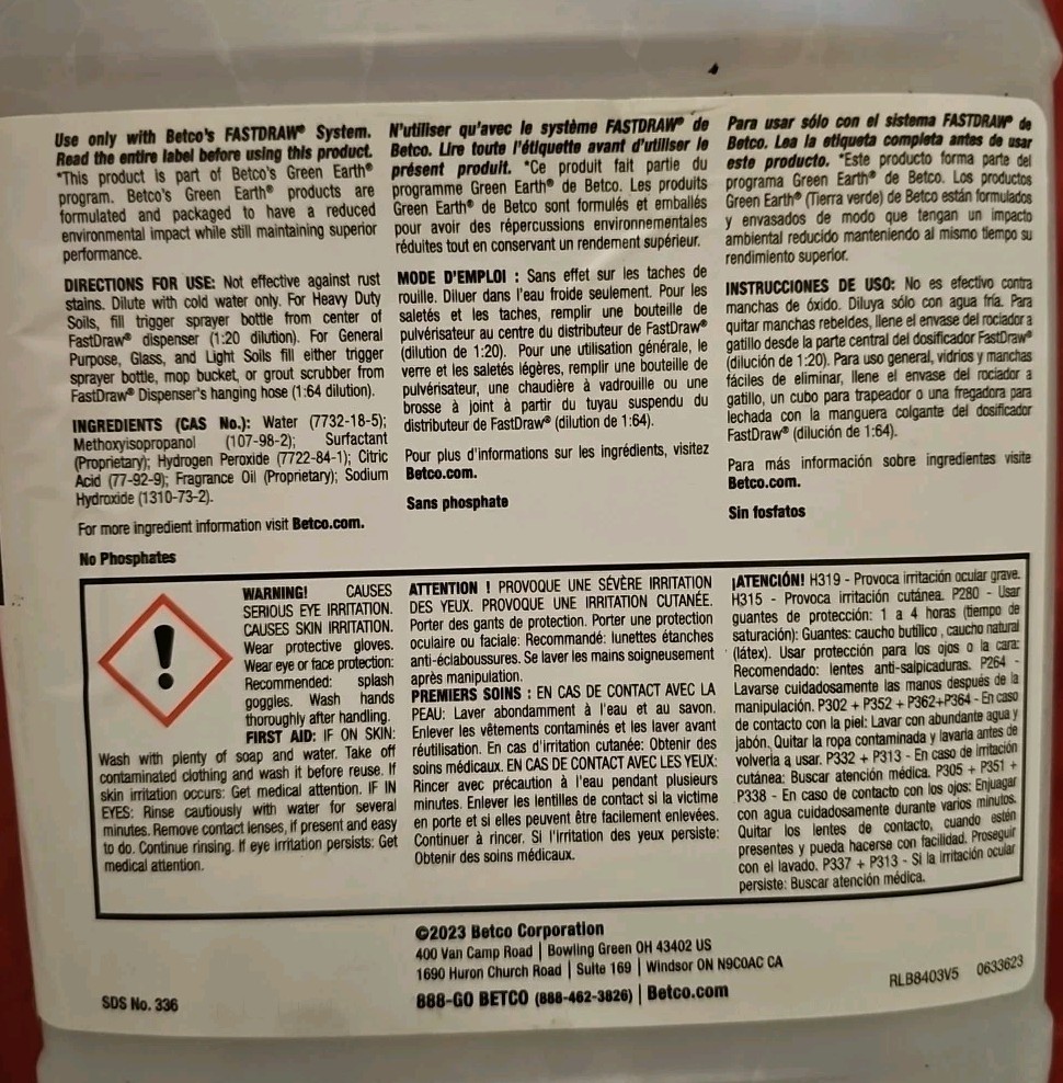 2 Bottles BETCO 336 FASTDRAW 11 Green Earth Peroxide Cleaner 2L (2 Total)