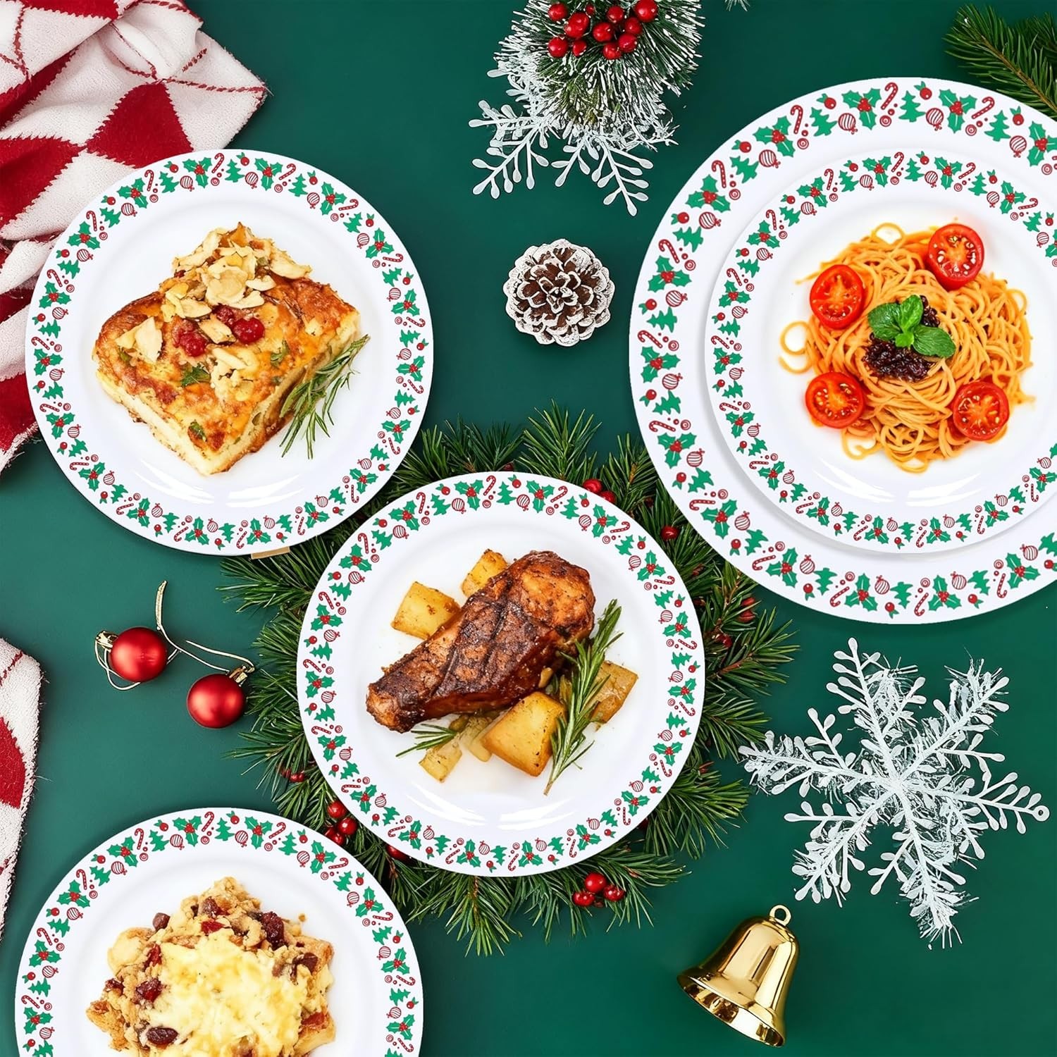 350pcs Christmas Disposable Plates & Cutlery Set – Plastic Plates, Tree Design
