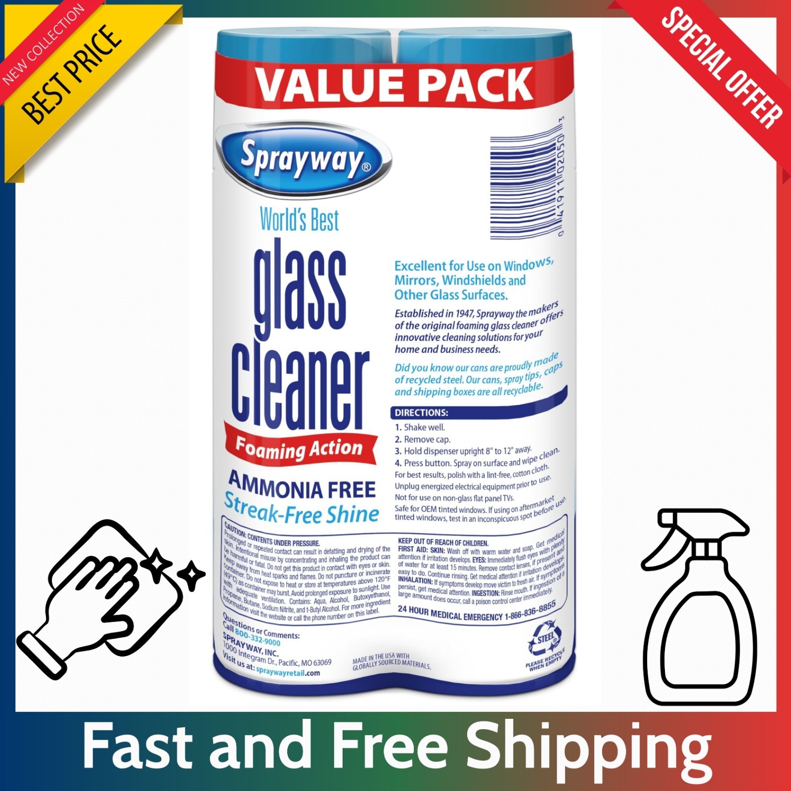 2 Pack Sprayway Glass Cleaner – 19 oz Foaming Aerosol, Fast Acting, Ammonia Free