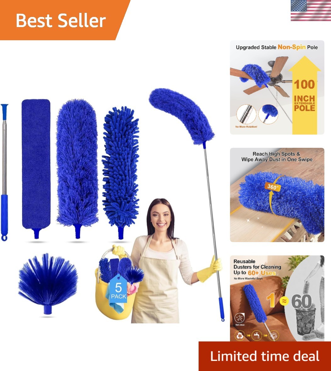 5-in-1 Microfiber Feather Duster Kit, 100-Inch Extendable for Safe High Cleaning