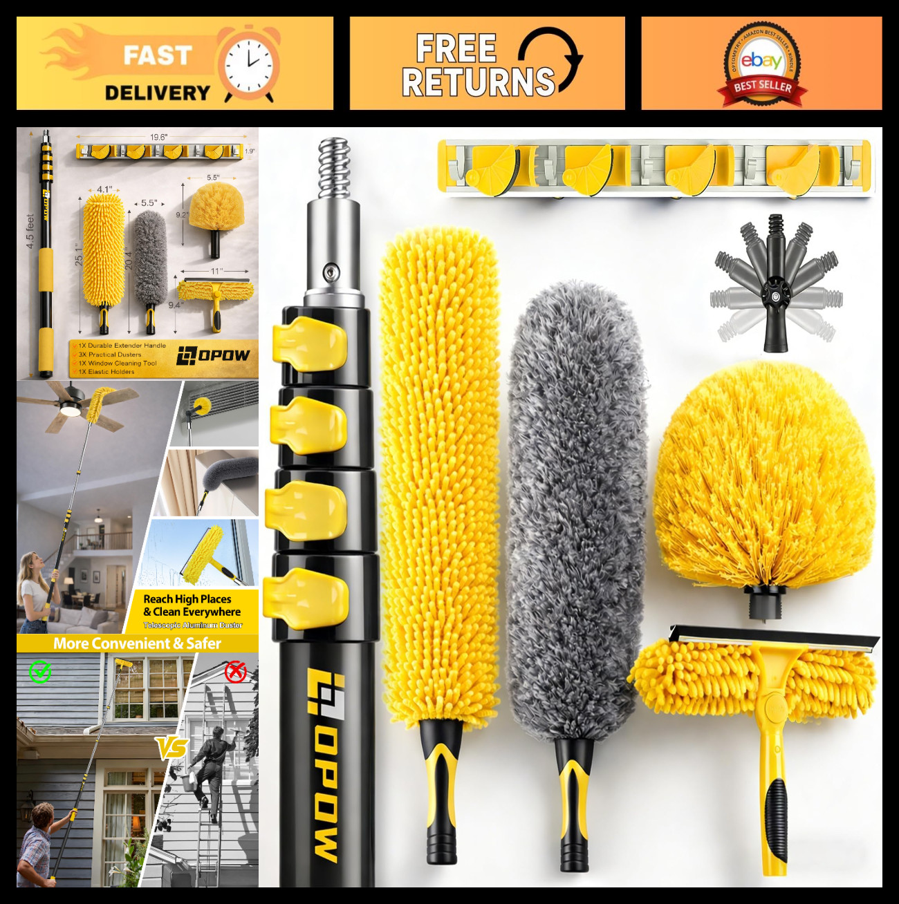 25ft High Reach Duster Kit with Extension Pole, Microfiber & Cobweb Cleaners