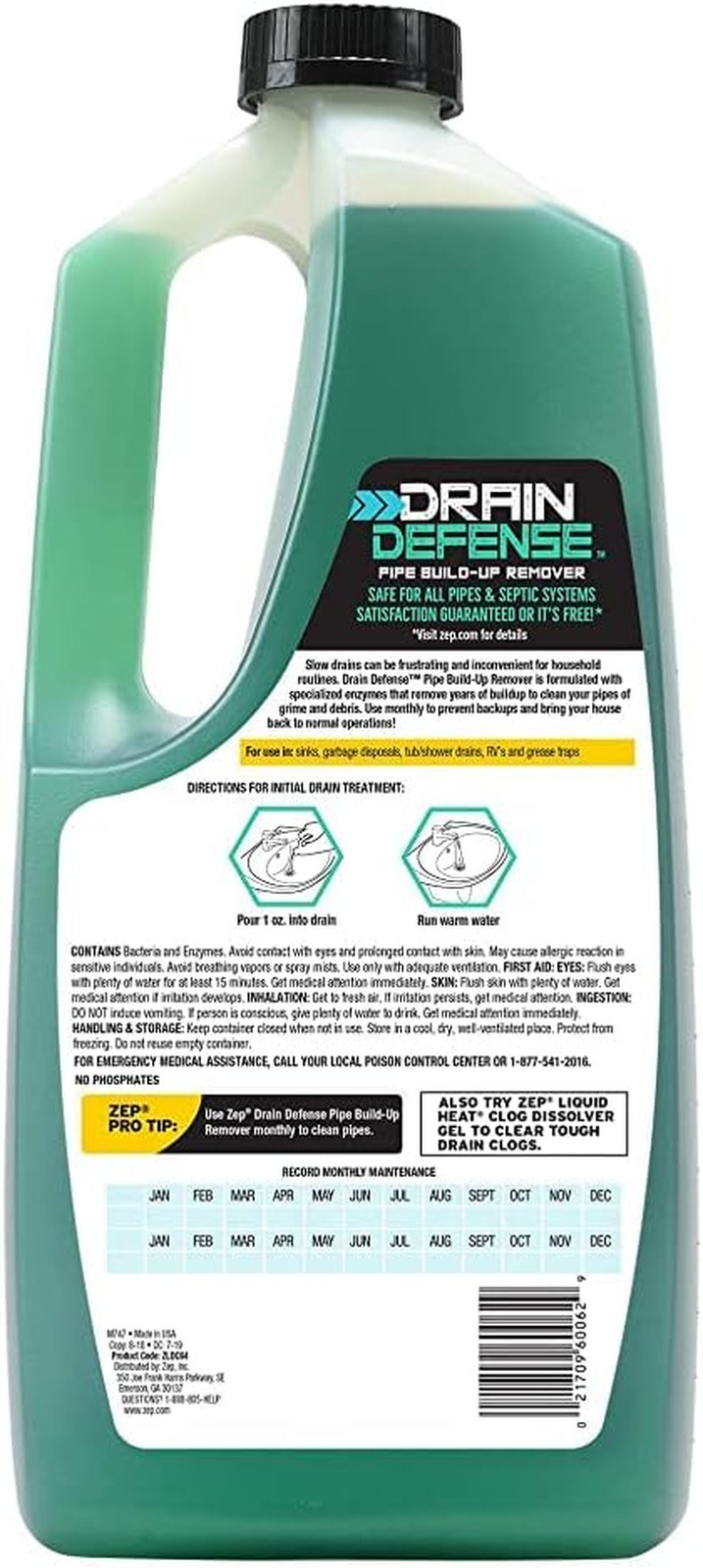 Drain Defense Pipe Build-Up Remover – 64 Ounces – ZLDC648 – Professional Strengt