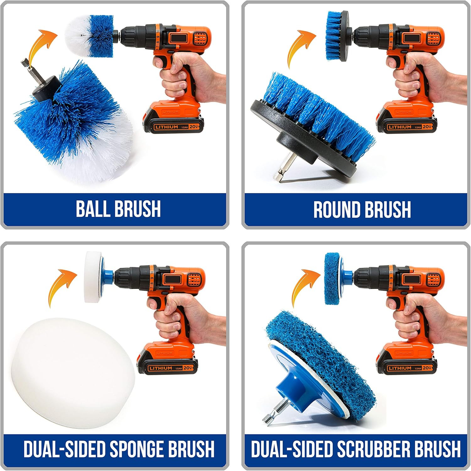 4 Piece Scrub Brush Power Drill Attachments-All Purpose Time Saving Kit-Perfect