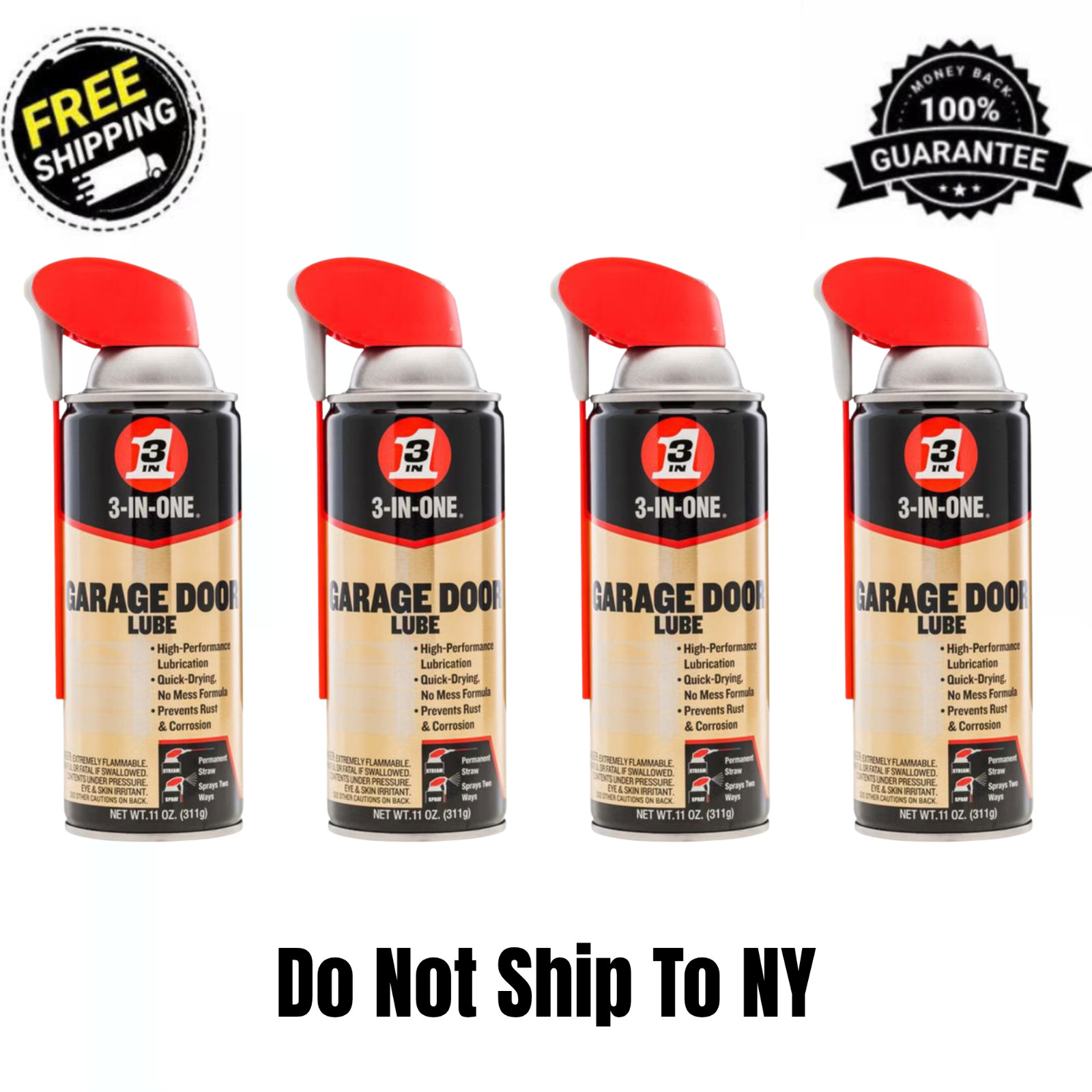 (4 pack) 3-IN-ONE Professional Garage Door Lubricant Smart Straw Sprays, 11 oz