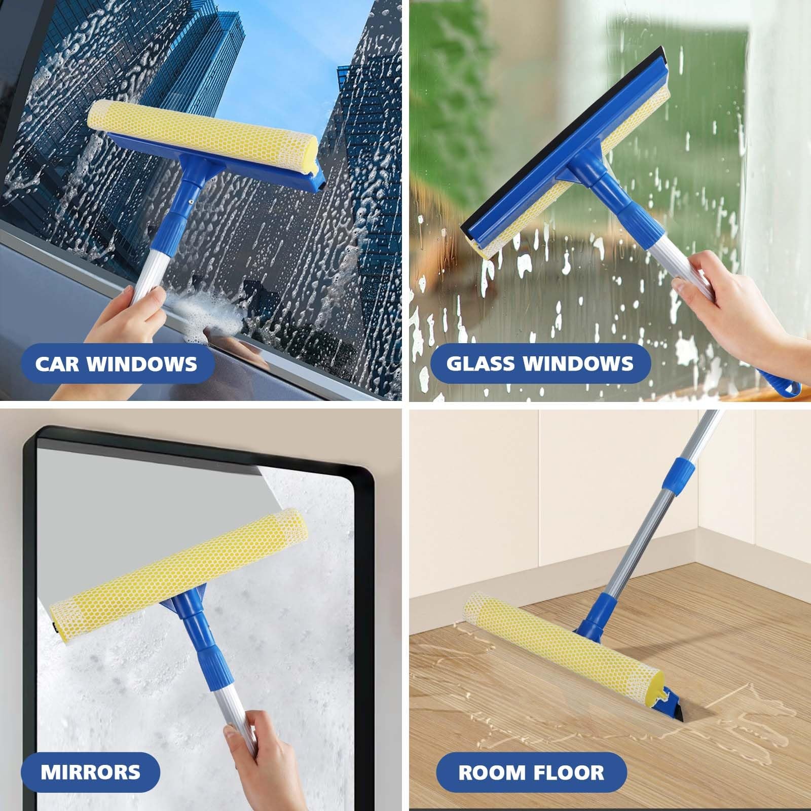 2 in 1 Window Squeegee with Long Stainless Steel Handle Sponge Cleaner