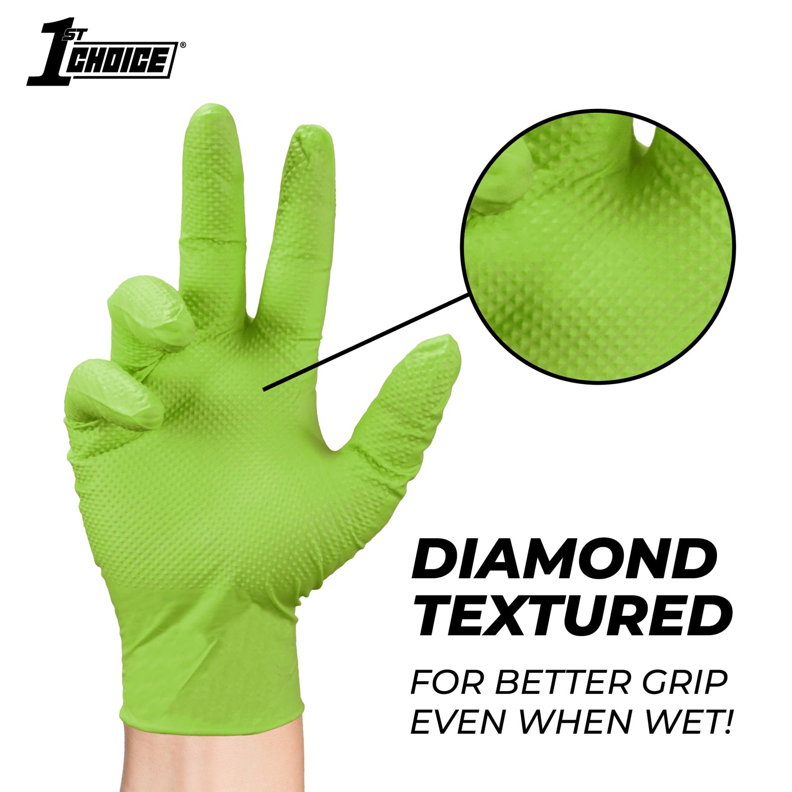 1st Choice 6 mil Green Gloves, Disposable, Latex Free, Raised Medium,