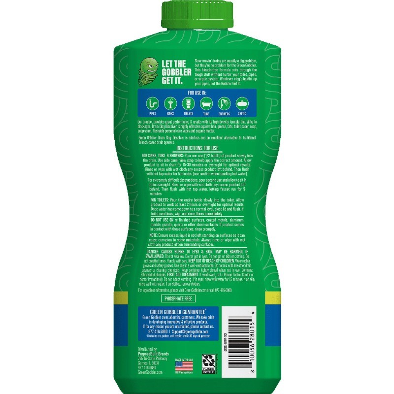 Green Gobbler Drain Clog Remover and Cleaner, Septic-Safe, Bleach-Free, – 2 Uses