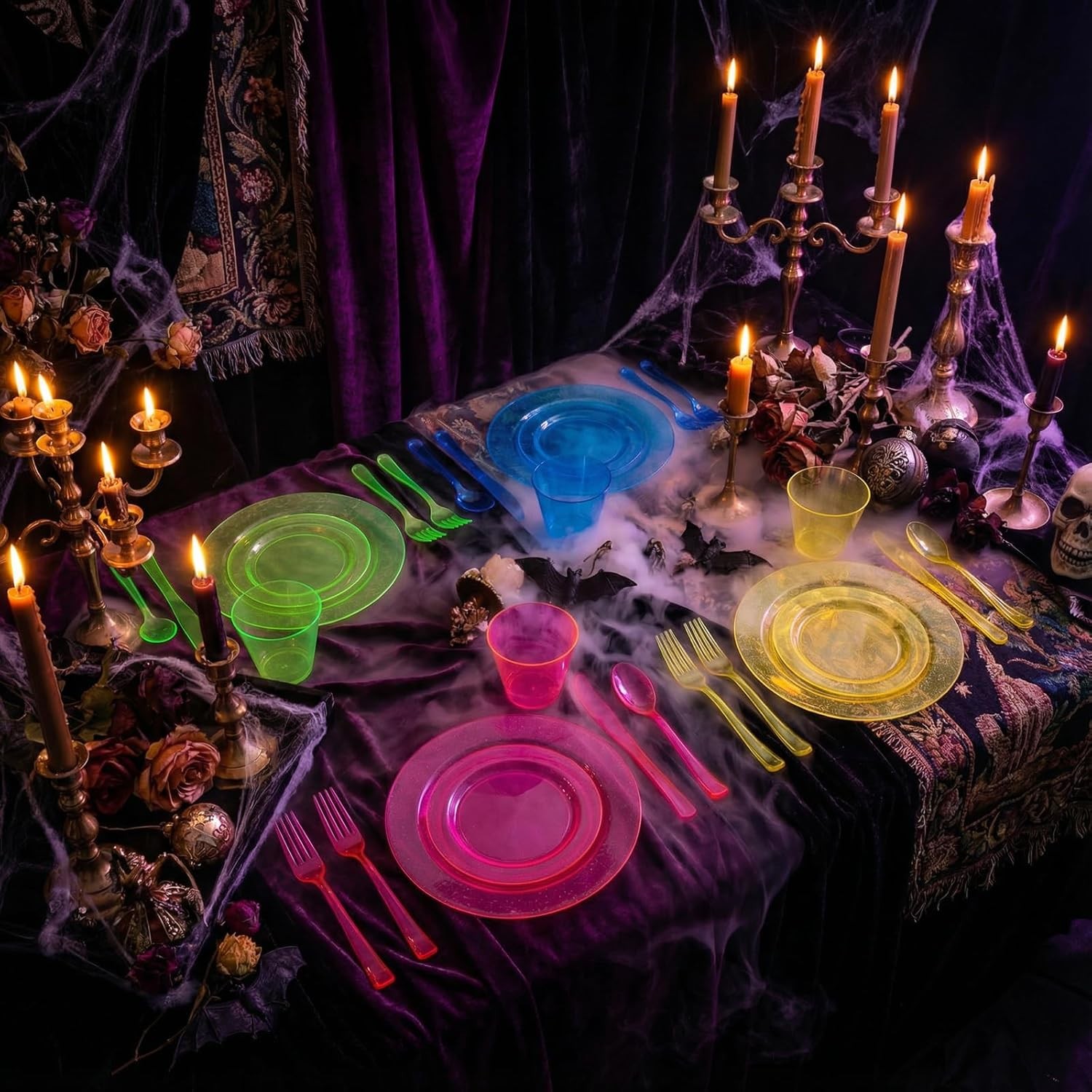 Supernal 216pcs Plastic Dinnerware Set include Rainbow Disposable Plates for P