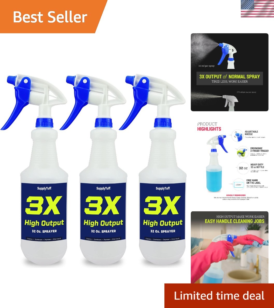 3 Pack of 32 oz High Output Heavy Duty Spray Bottles for Effortless Cleaning