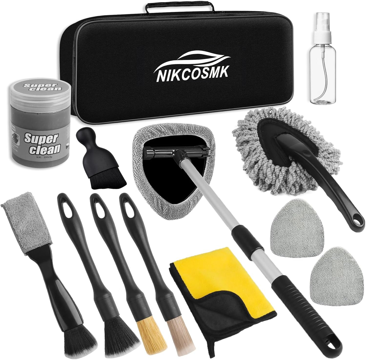 14-Piece Car Interior Cleaning Kit with Extendable Handle and Microfiber Pads