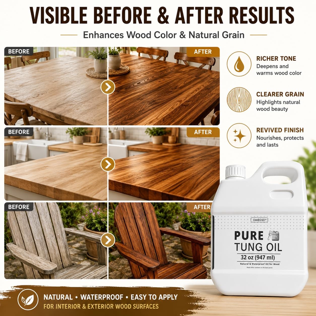OAIEGSD 32 oz 100% Pure Tung Oil for Wood, Safe Food Grade Tung Oil for Wood …