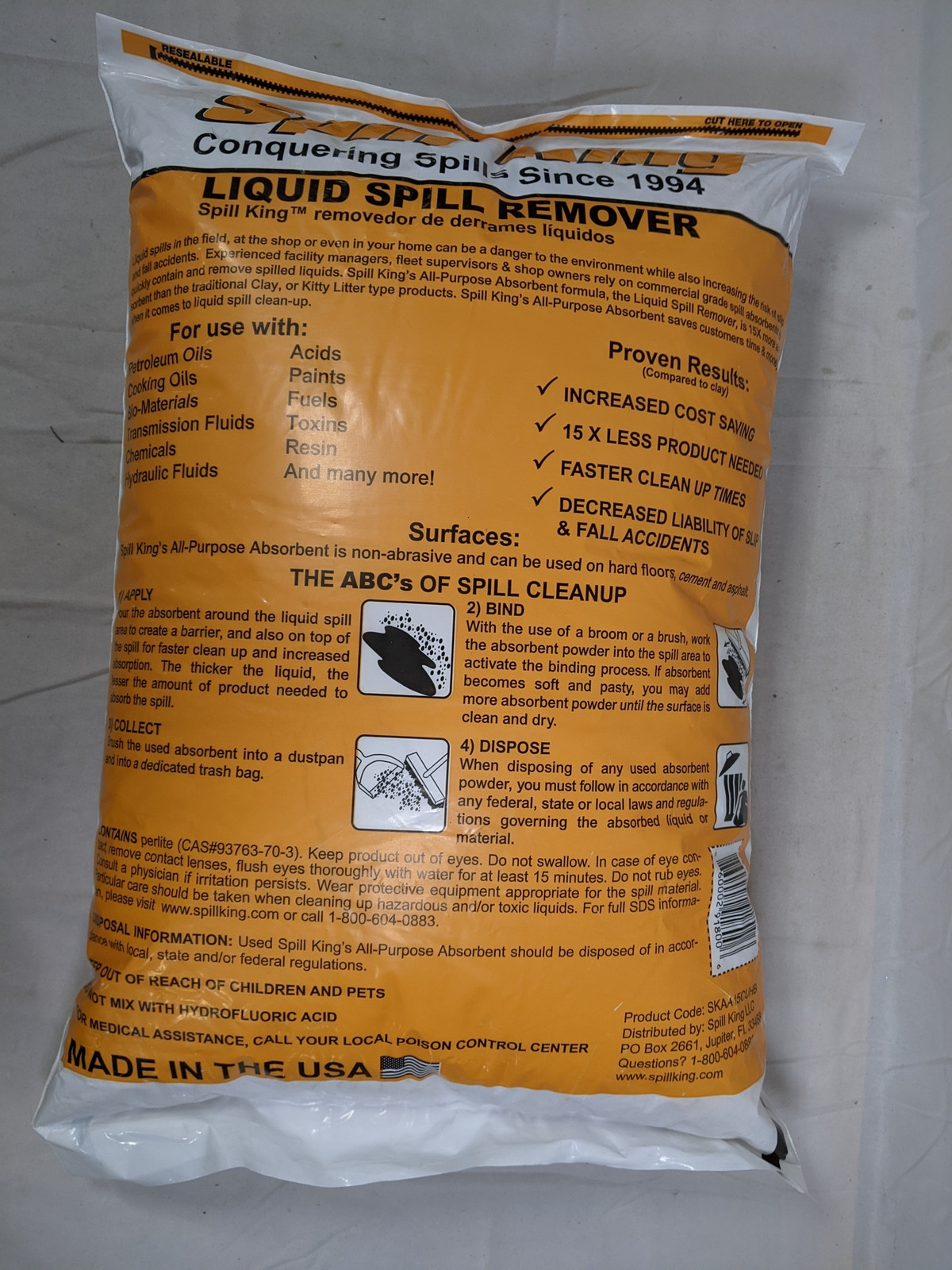 SPILL KING Absorbent Liquid Spill Remover 1 Bag 1.5 CU FT. Environmentally Safe