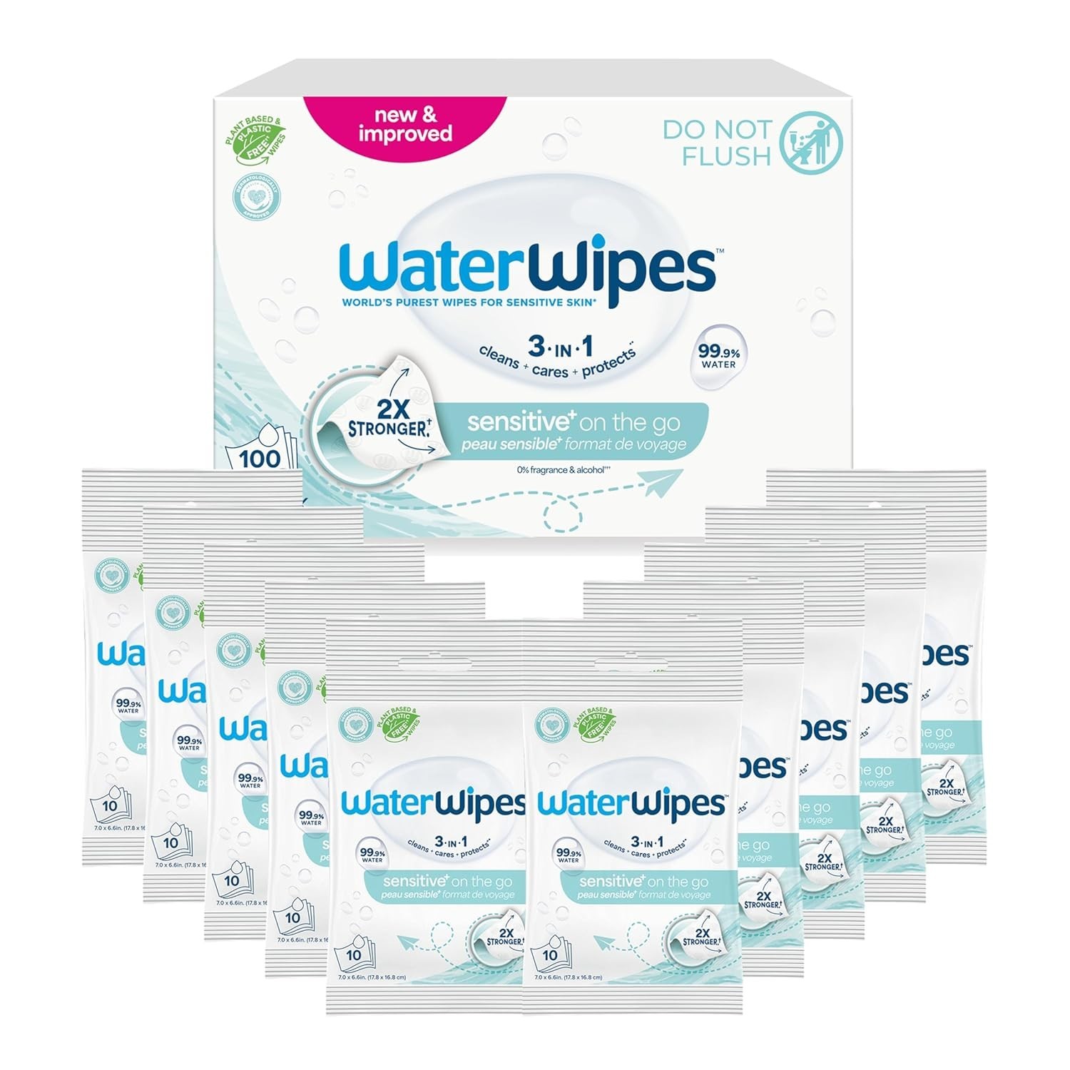 3-in-1 Hypoallergenic Disposable Wipes – 99.9% Water, Travel Size Pack of 10