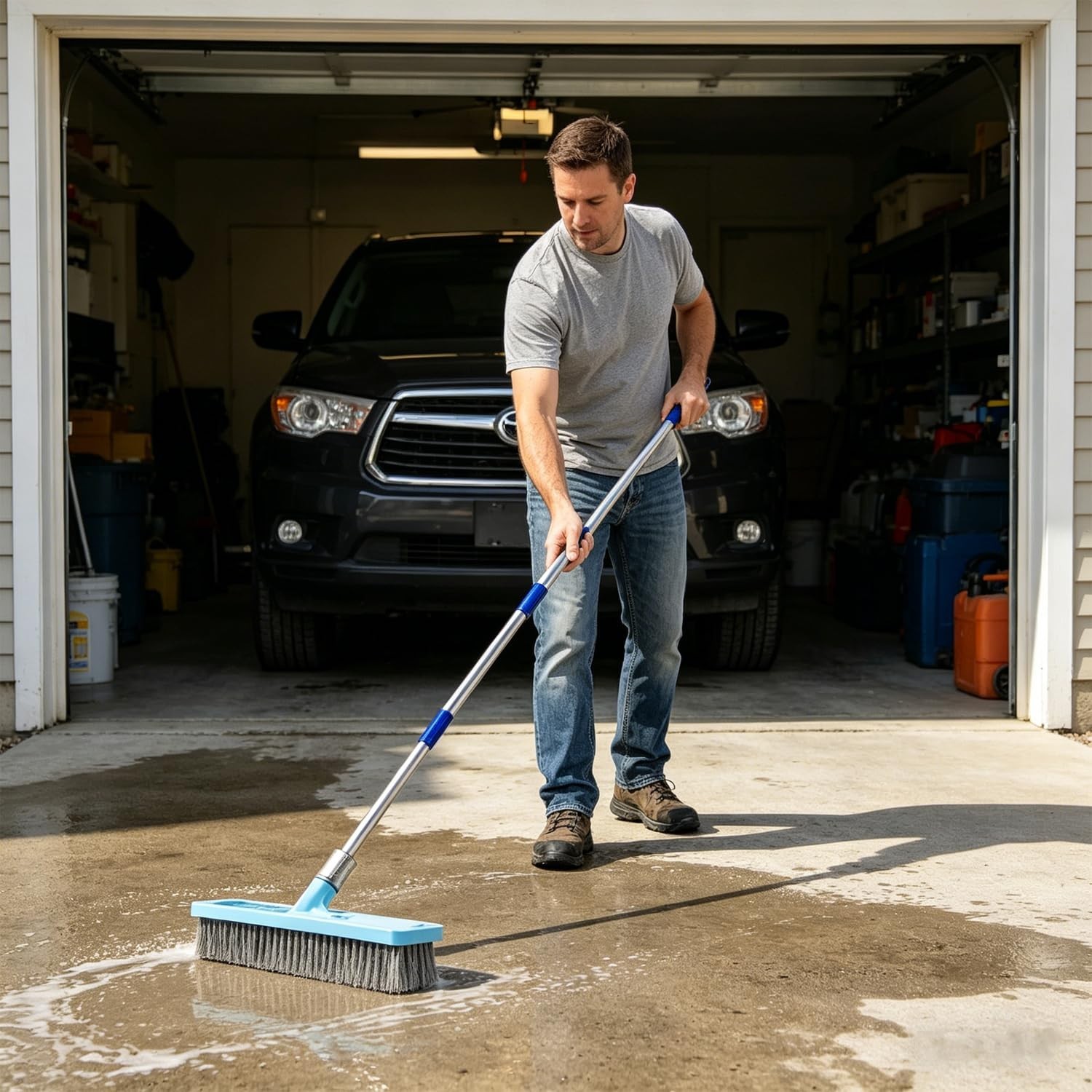 60” Heavy Duty Stainless Steel Deck Scrub Brush – Long Handle Floor Cleaner for